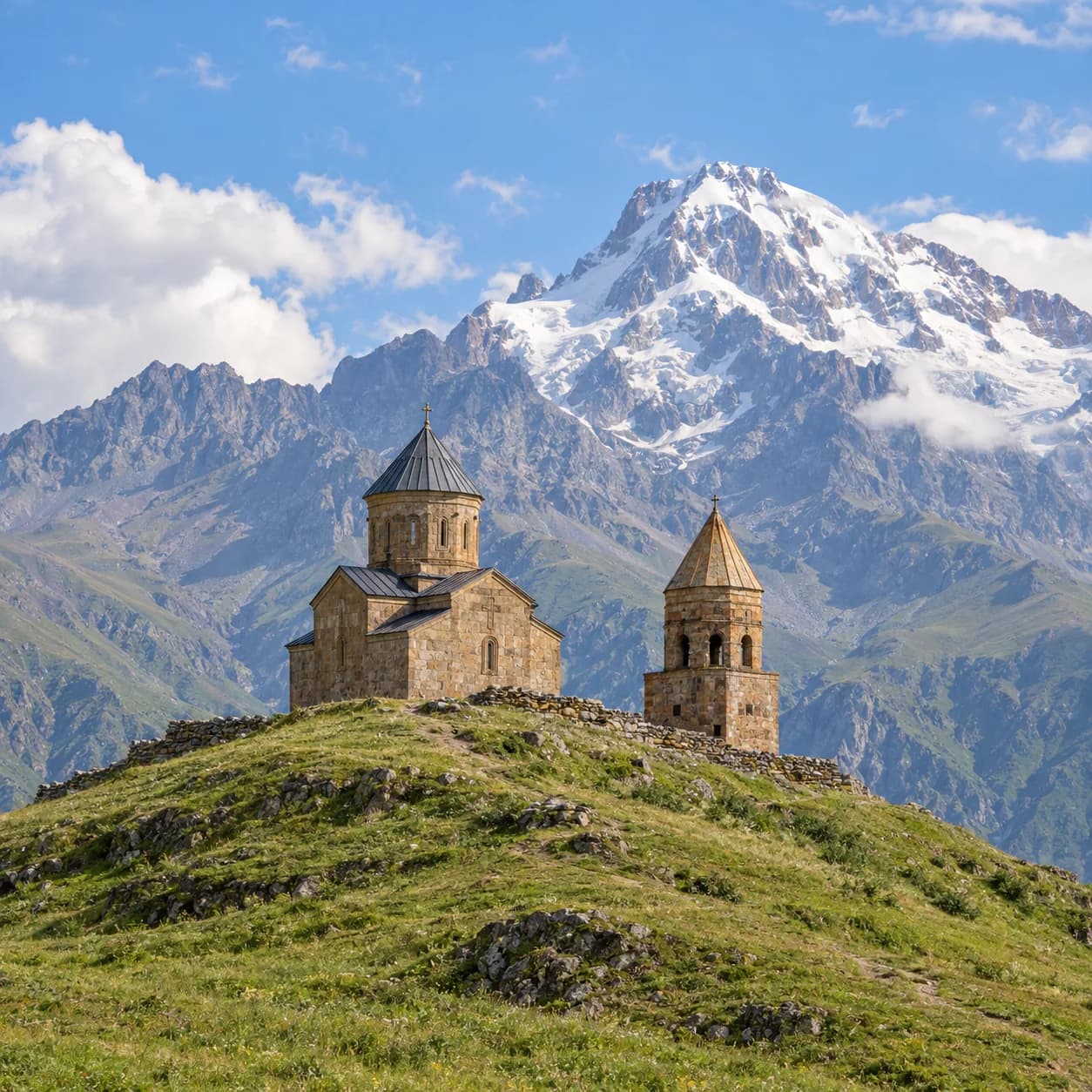 Photo réaliste: Coloriage de la Géorgie : église perchée et sommet enneigé