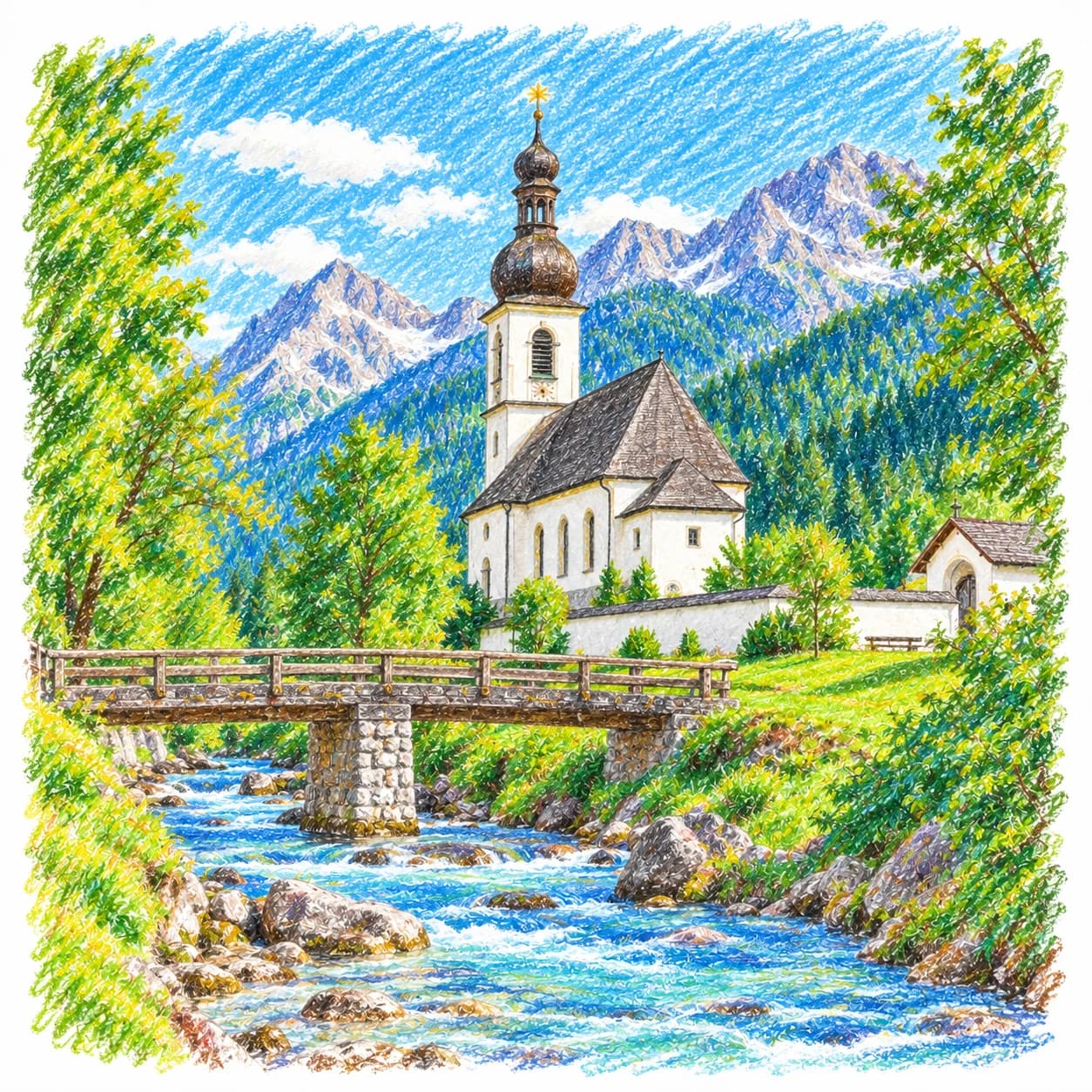 Modèle colorié: Coloriage de l'Allemagne : église alpine et pont de pierre