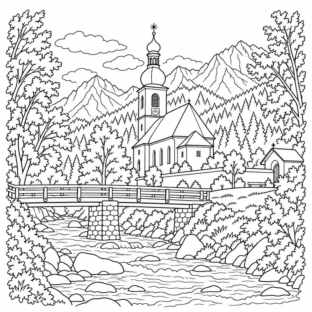 Coloriage: Coloriage de l'Allemagne : église alpine et pont de pierre