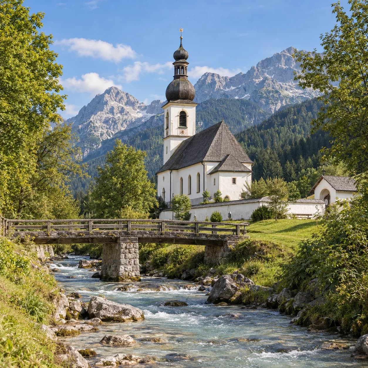 Photo réaliste: Coloriage de l'Allemagne : église alpine et pont de pierre