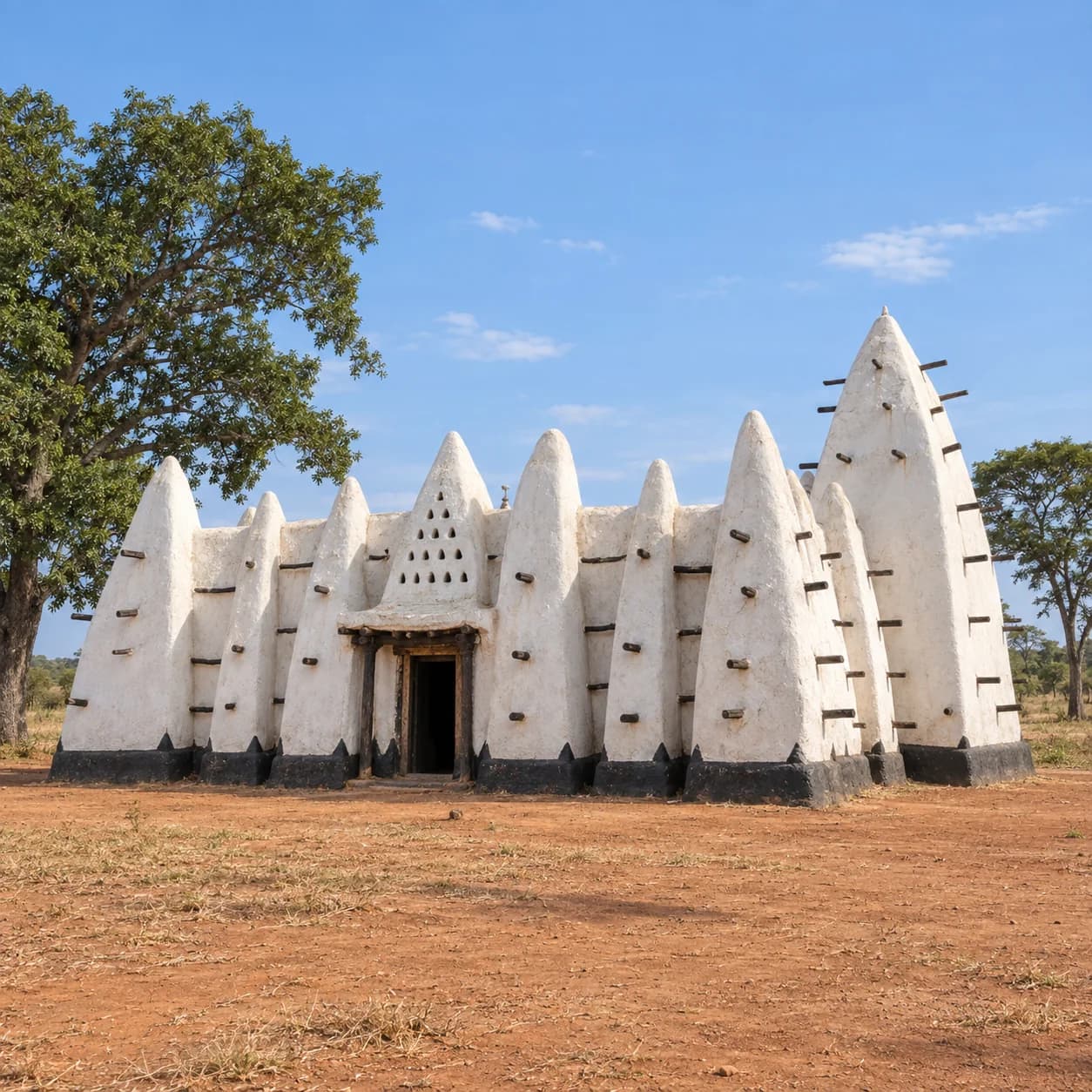 Photo réaliste: Coloriage du Ghana : mosquée blanche en terre