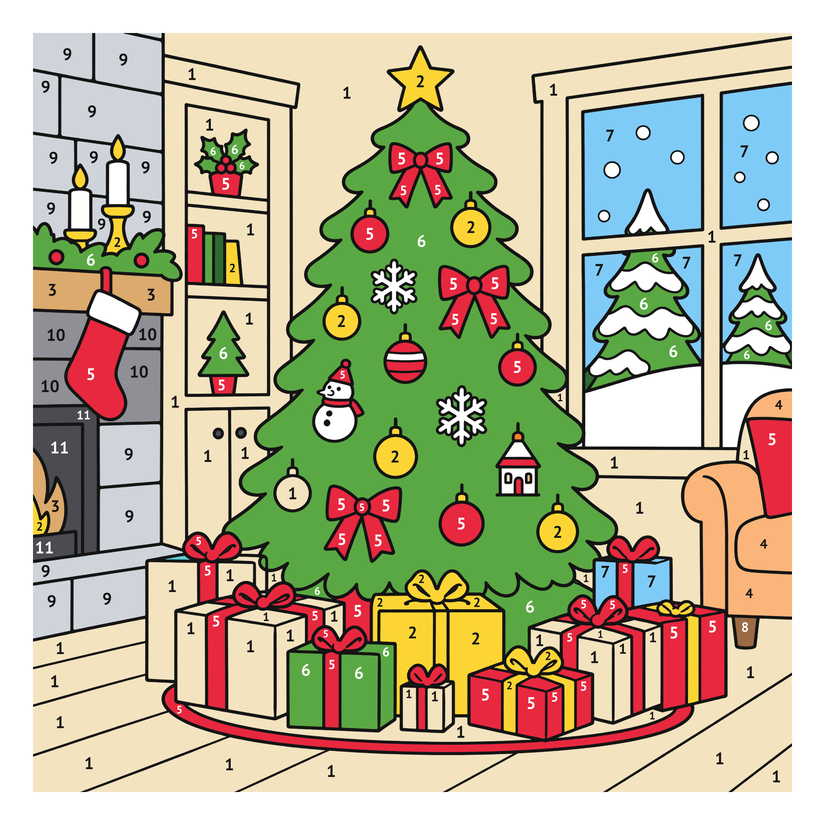Modèle colorié: Sapin et cadeaux de Noël : coloriage au numéro à imprimer