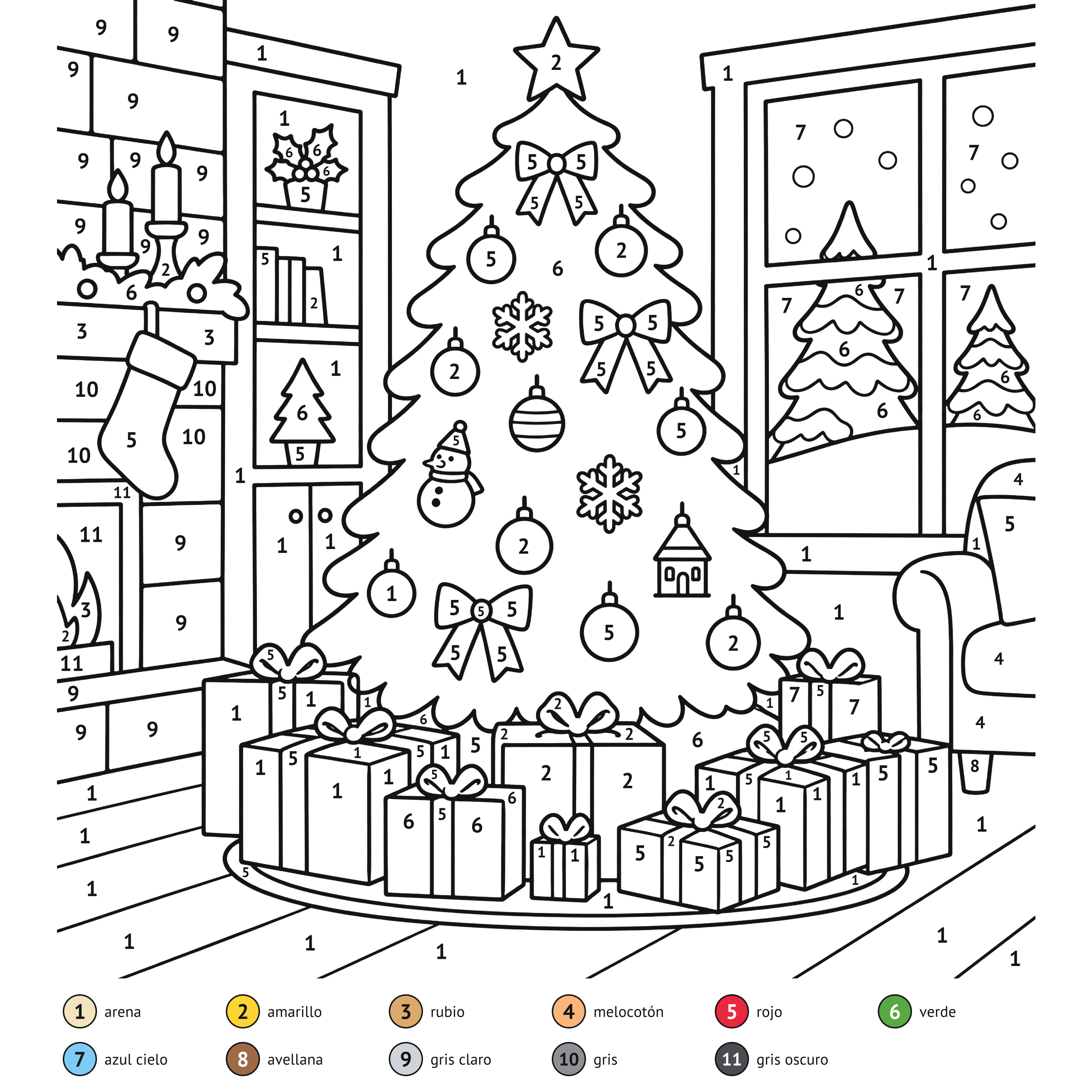 Por números: Árbol y regalos de Navidad para colorear por números