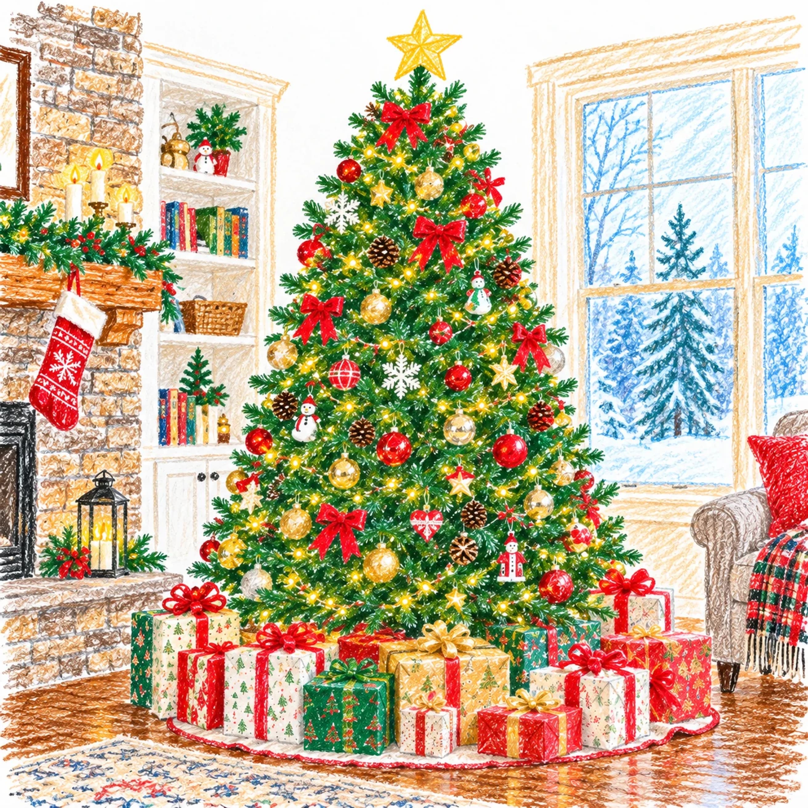 Colored model: Christmas tree and presents dot to dot printable