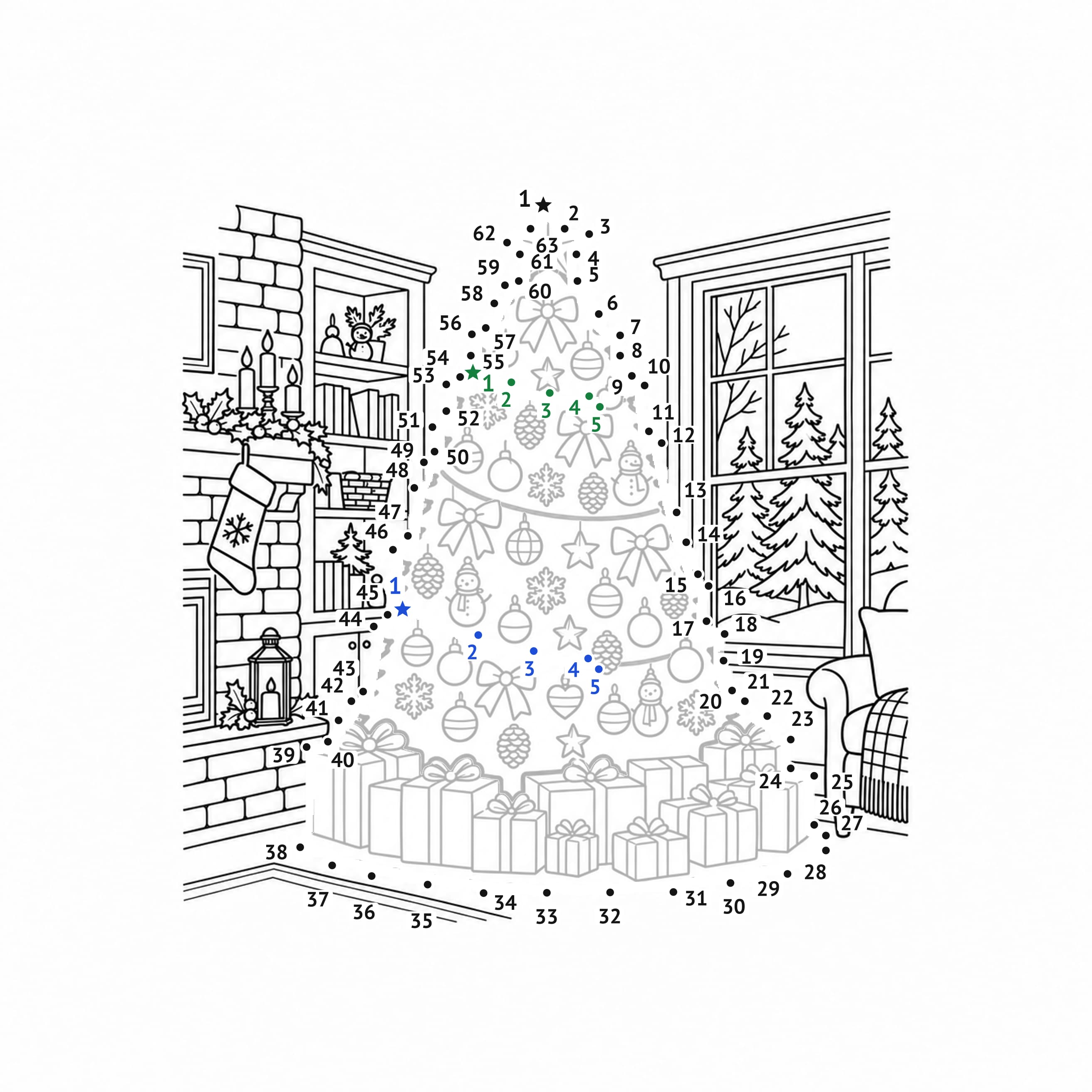 Points à relier: Sapin et cadeaux de Noël : points à relier à imprimer