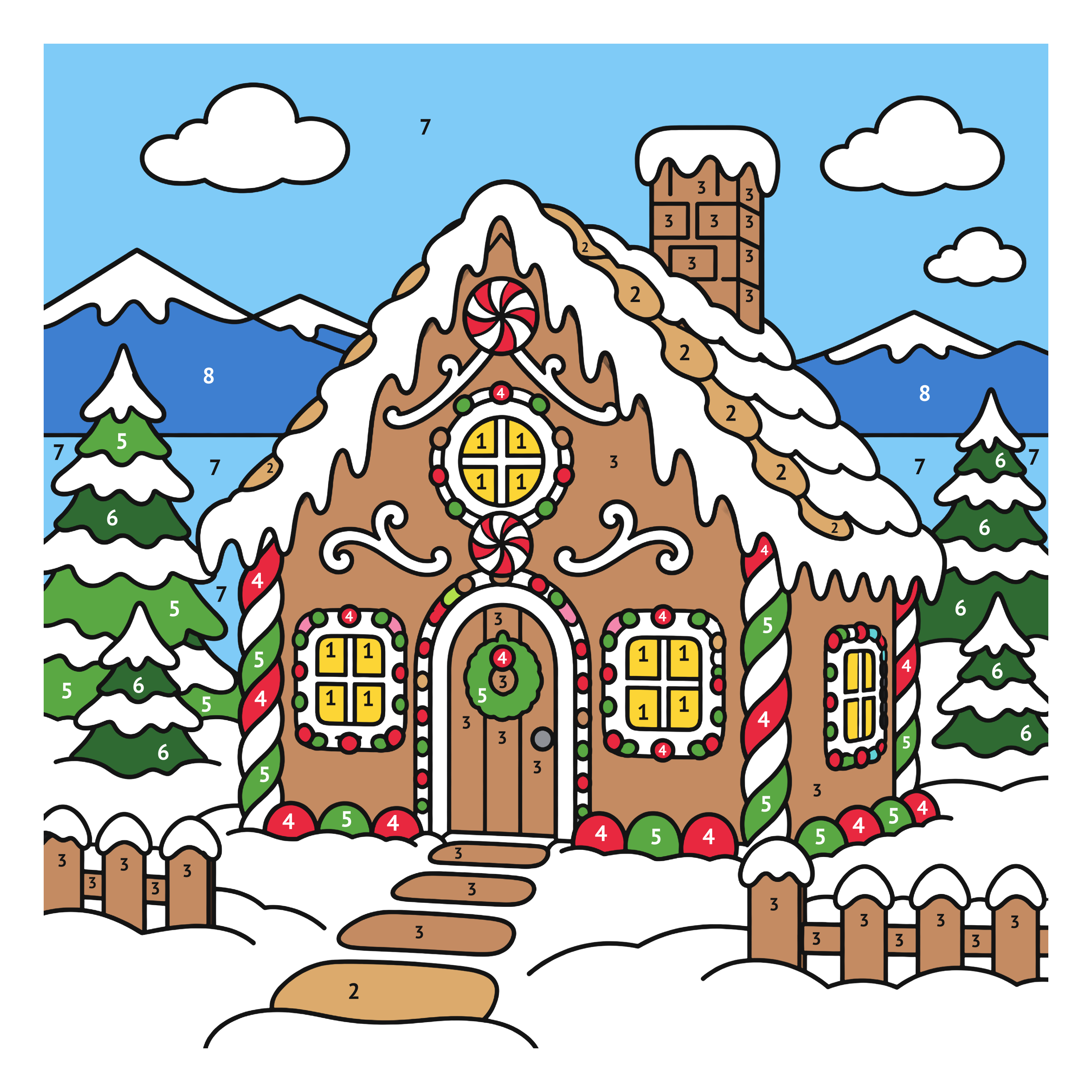 Modèle colorié: Maison en pain d’épices : coloriage au numéro à imprimer