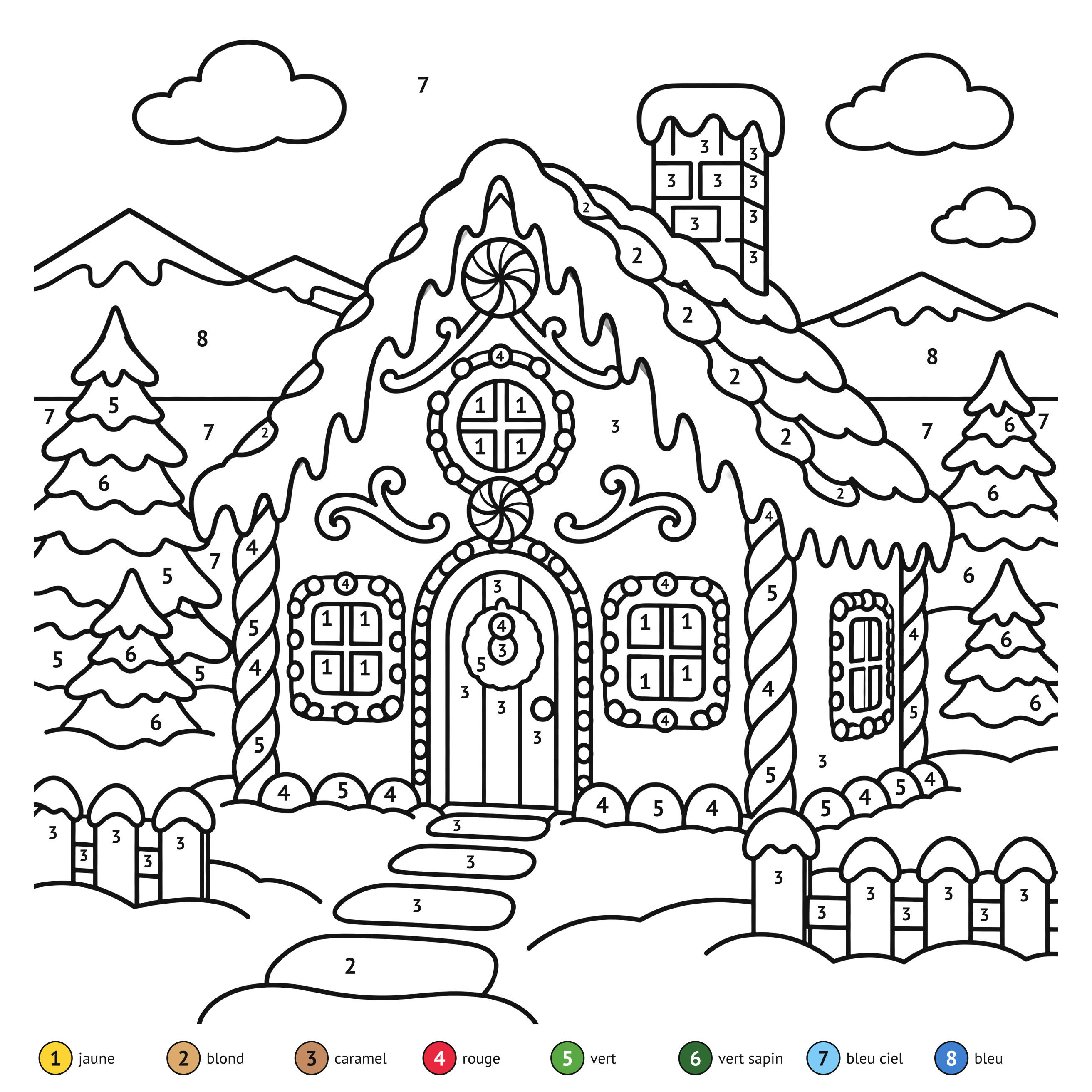 Au numéro: Maison en pain d’épices : coloriage au numéro à imprimer