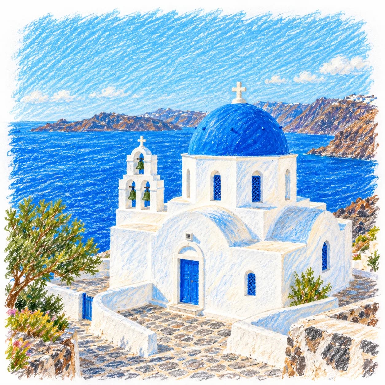 Modèle colorié: Coloriage de la Grèce : chapelle au dôme bleu