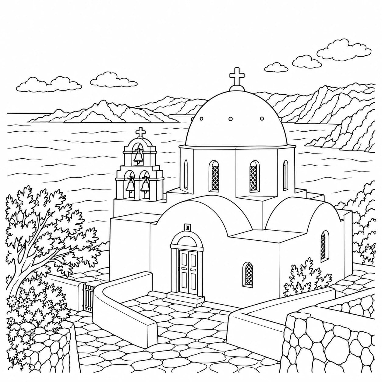 Coloriage: Coloriage de la Grèce : chapelle au dôme bleu