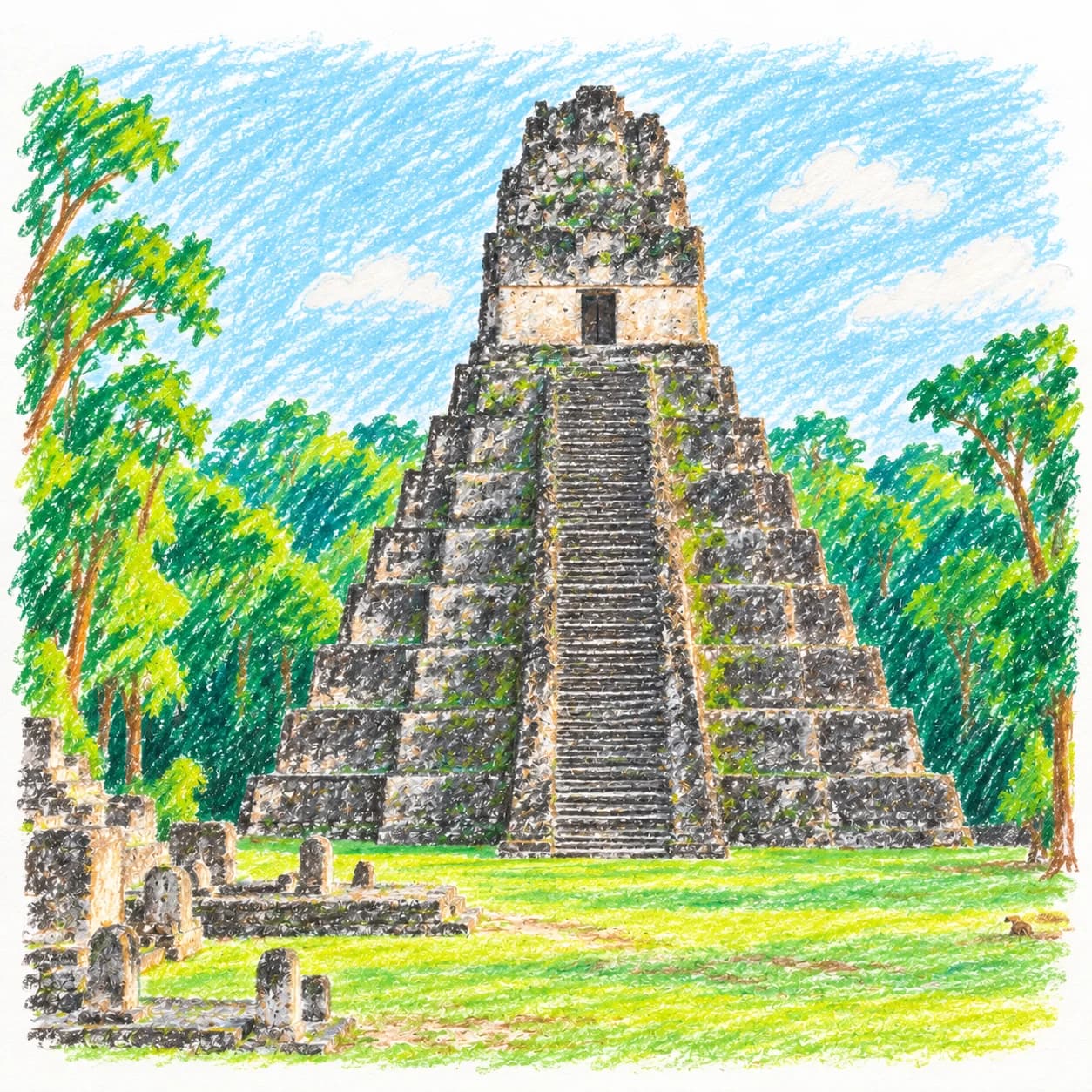 Colored model: Guatemala coloring page: Maya pyramid in the jungle