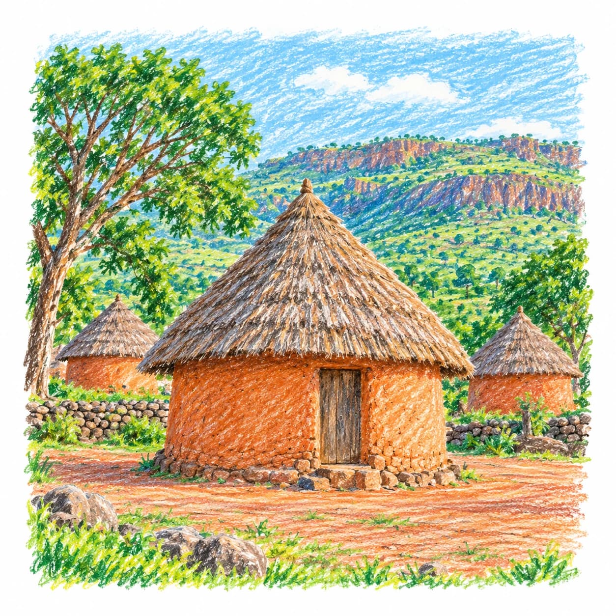 Colored model: Guinea coloring page: round huts below a plateau