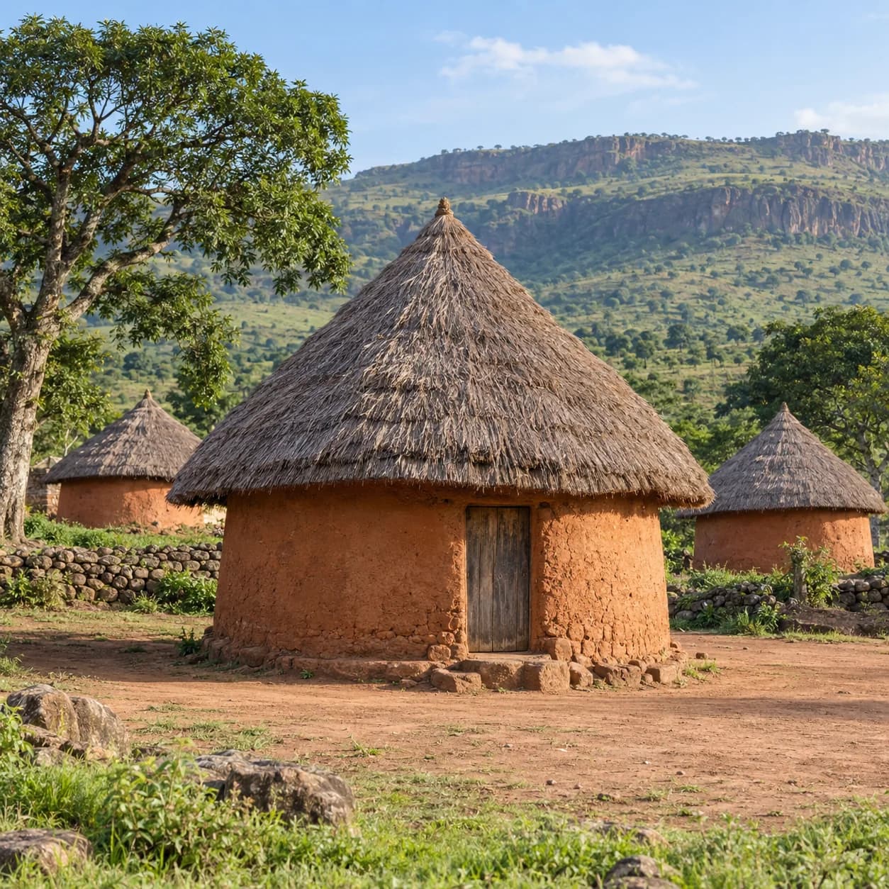Realistic source: Guinea coloring page: round huts below a plateau
