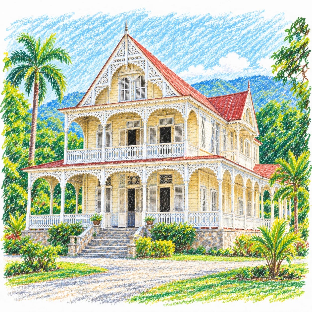 Modèle colorié: Coloriage d'Haïti : maison aux dentelles de bois