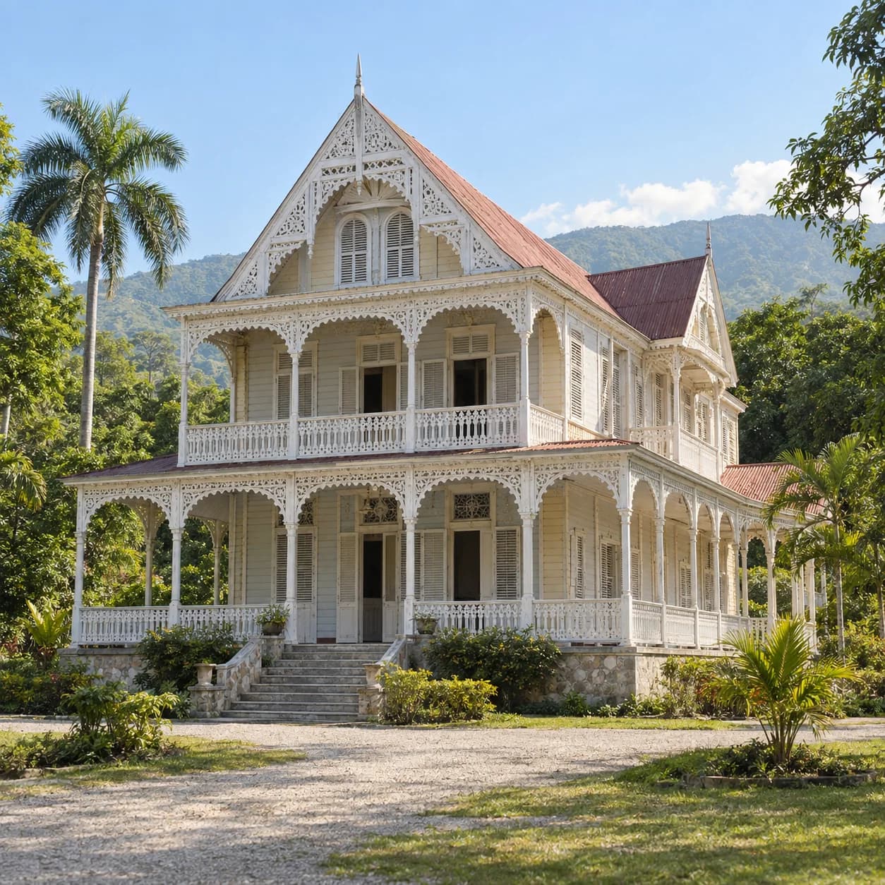 Photo réaliste: Coloriage d'Haïti : maison aux dentelles de bois