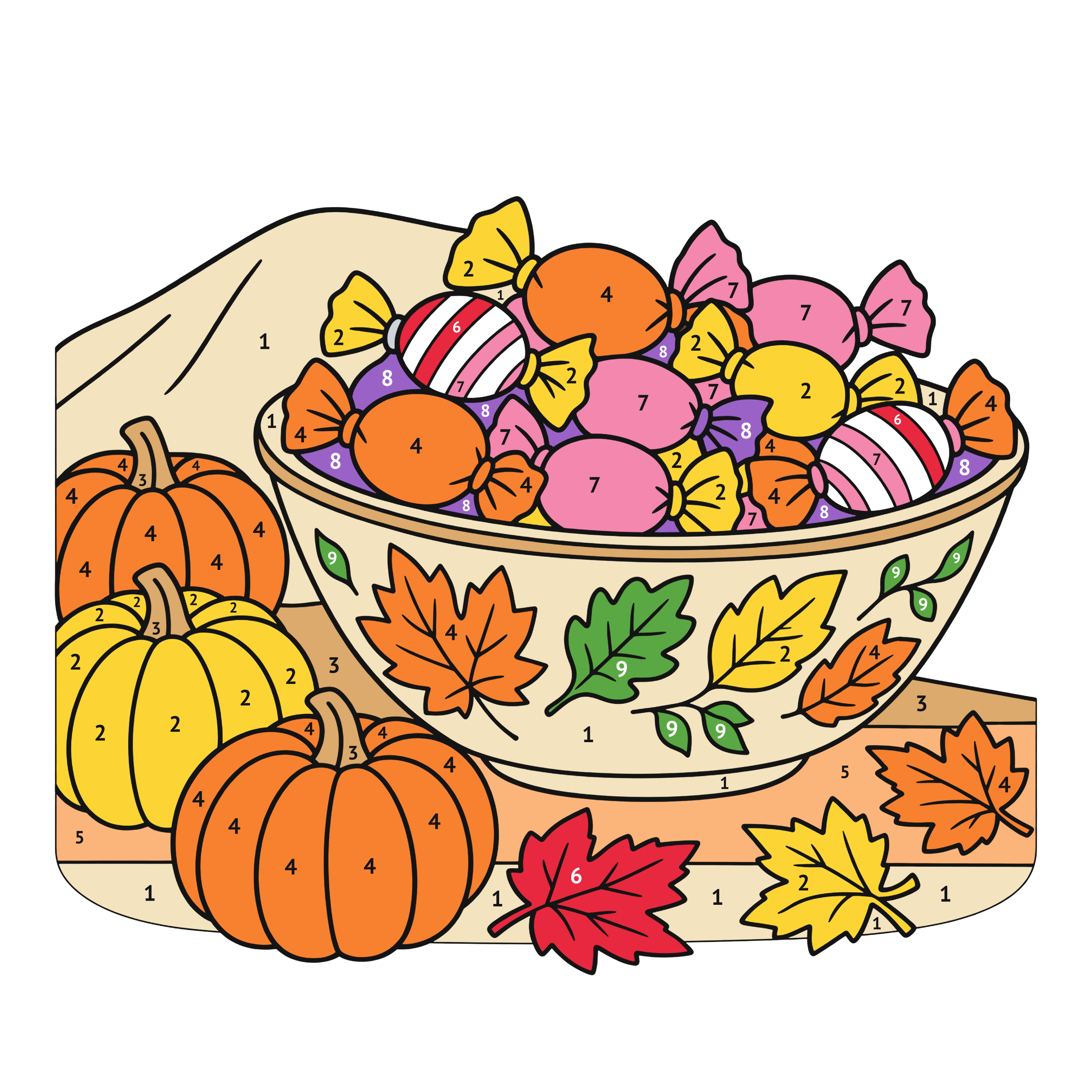 Modèle colorié: Bonbons d’Halloween : coloriage au numéro à imprimer