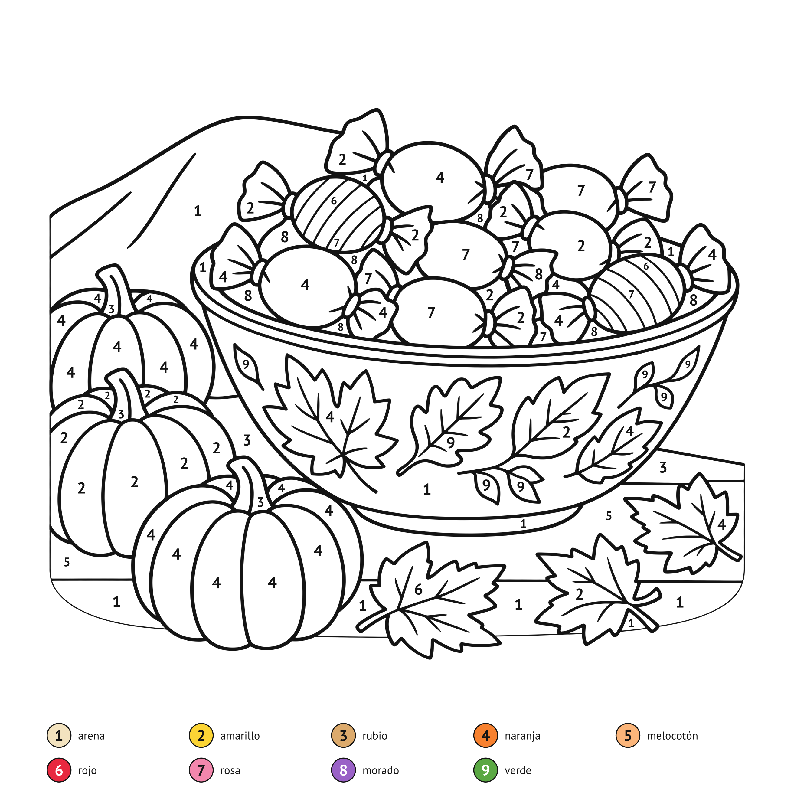 Por números: Dulces de Halloween para colorear por números