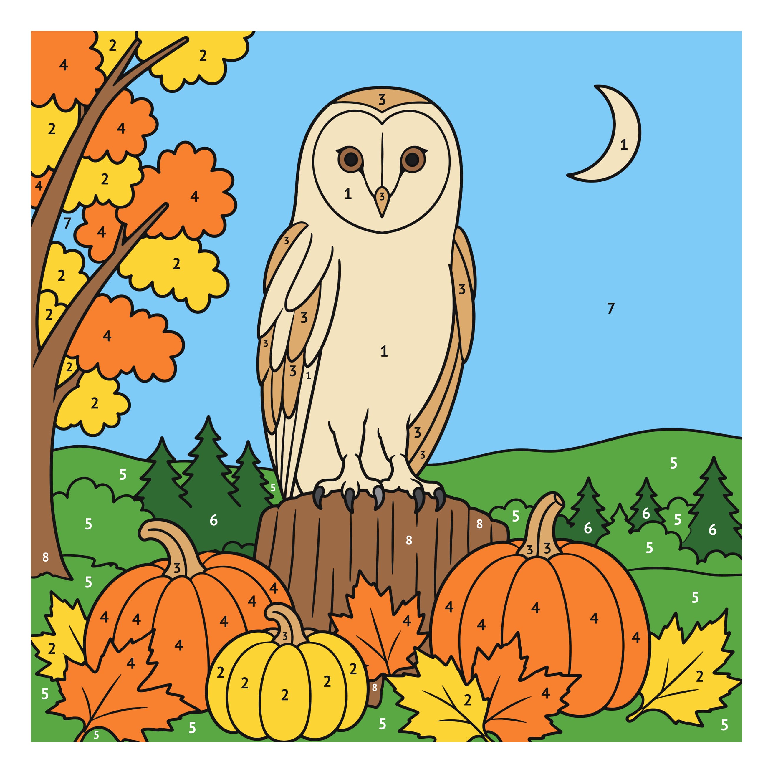 Colored model: Halloween owl color by number printable
