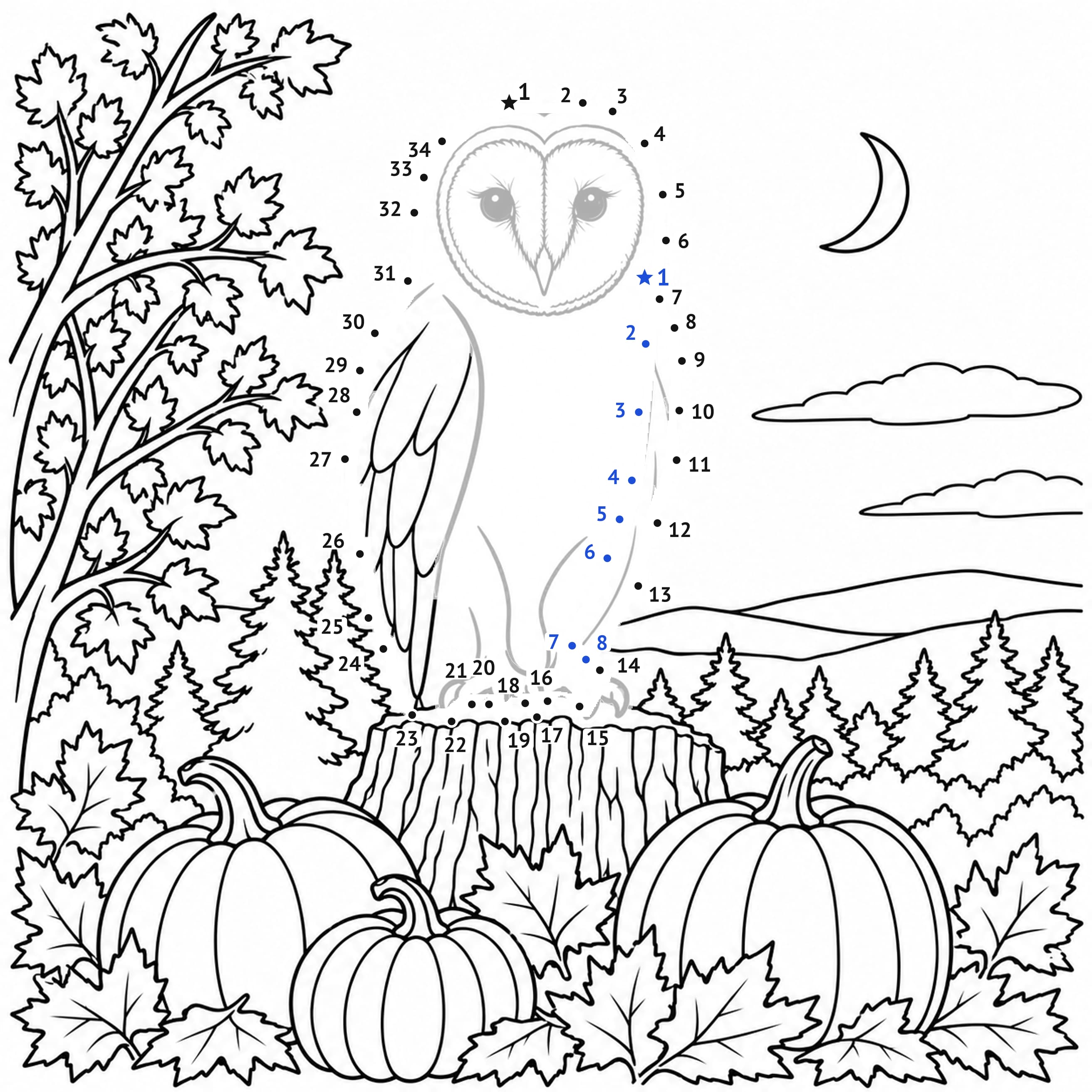 Unir puntos: Búho de Halloween para unir puntos