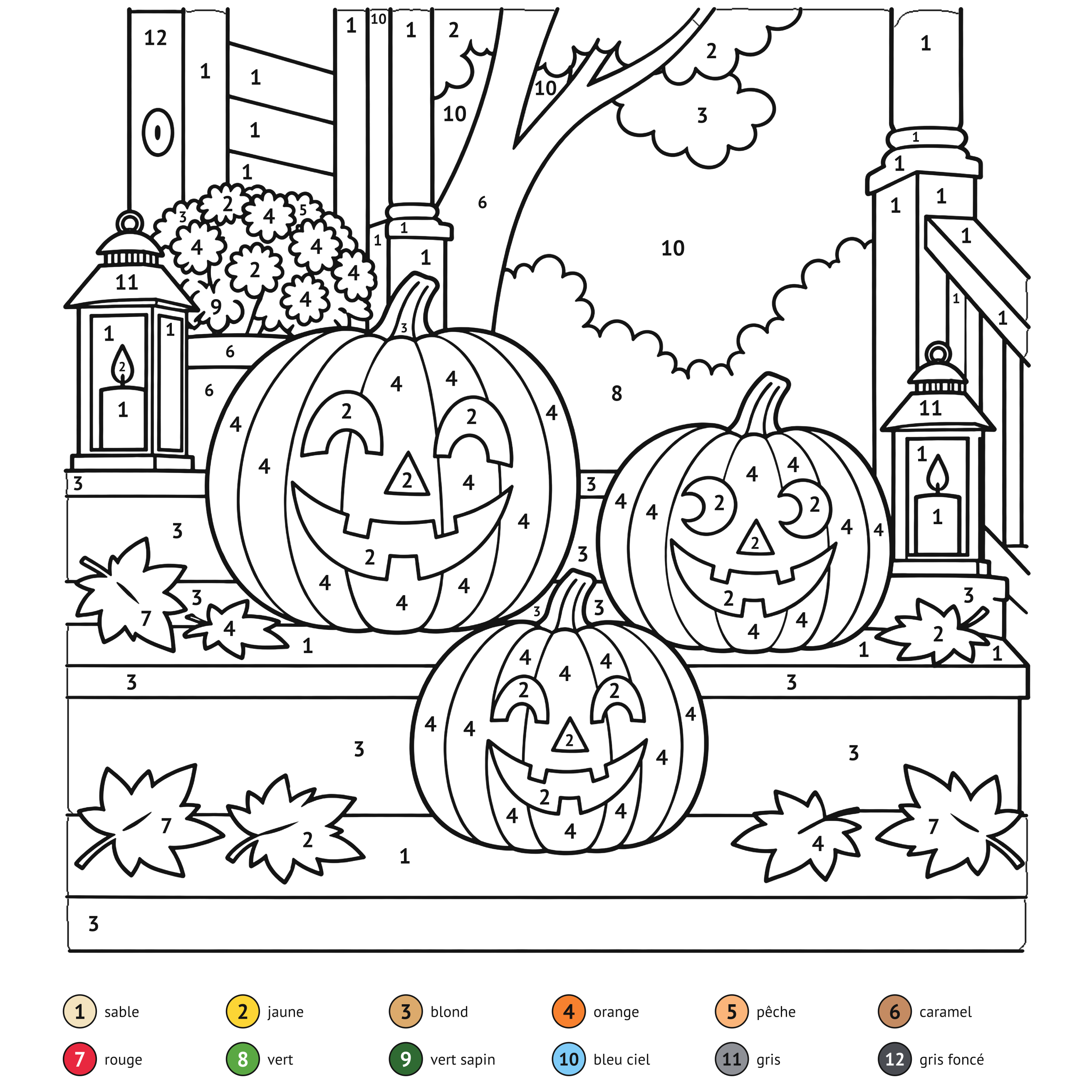 Au numéro: Citrouilles d’Halloween : coloriage au numéro à imprimer