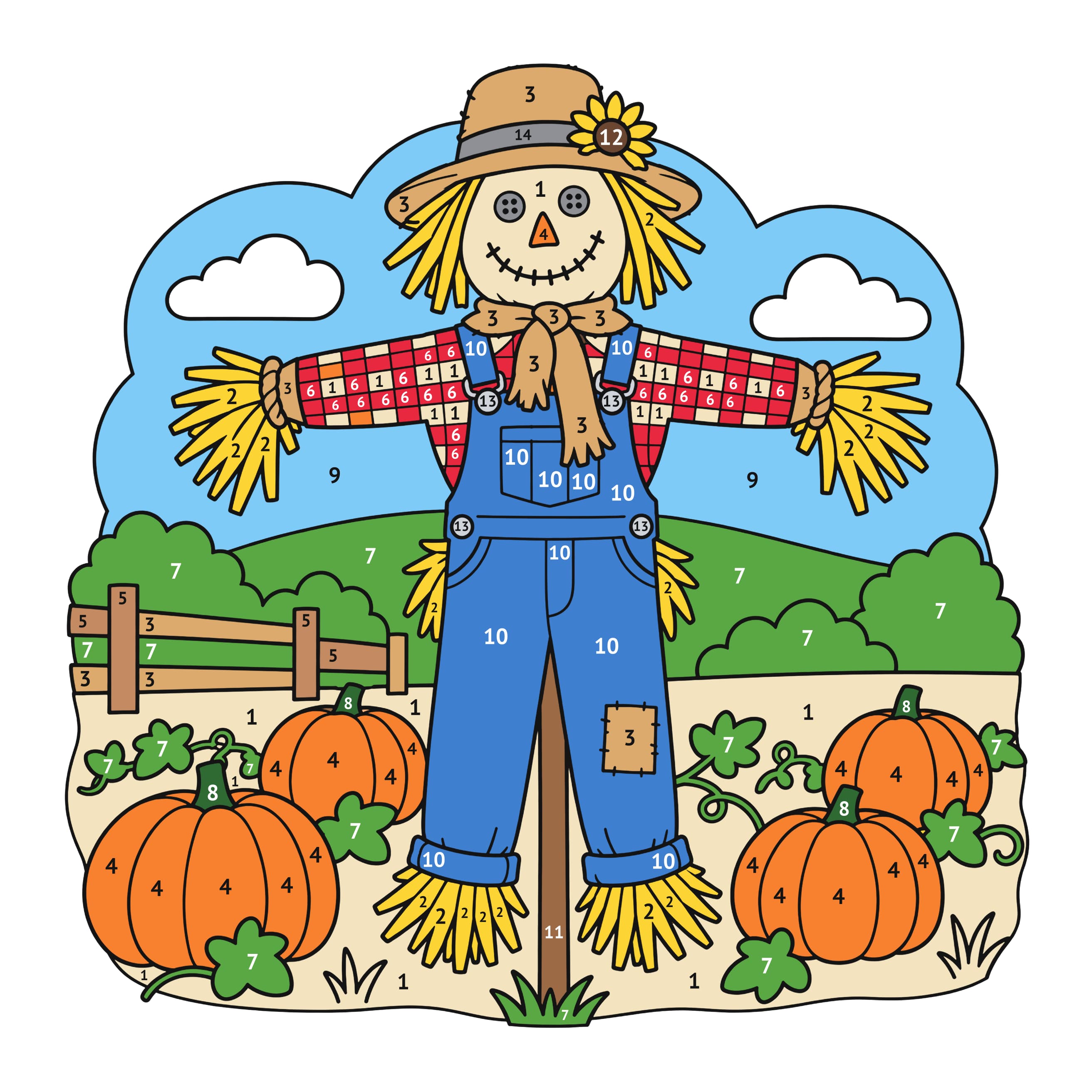 Modelo coloreado: Espantapájaros de Halloween para colorear por números