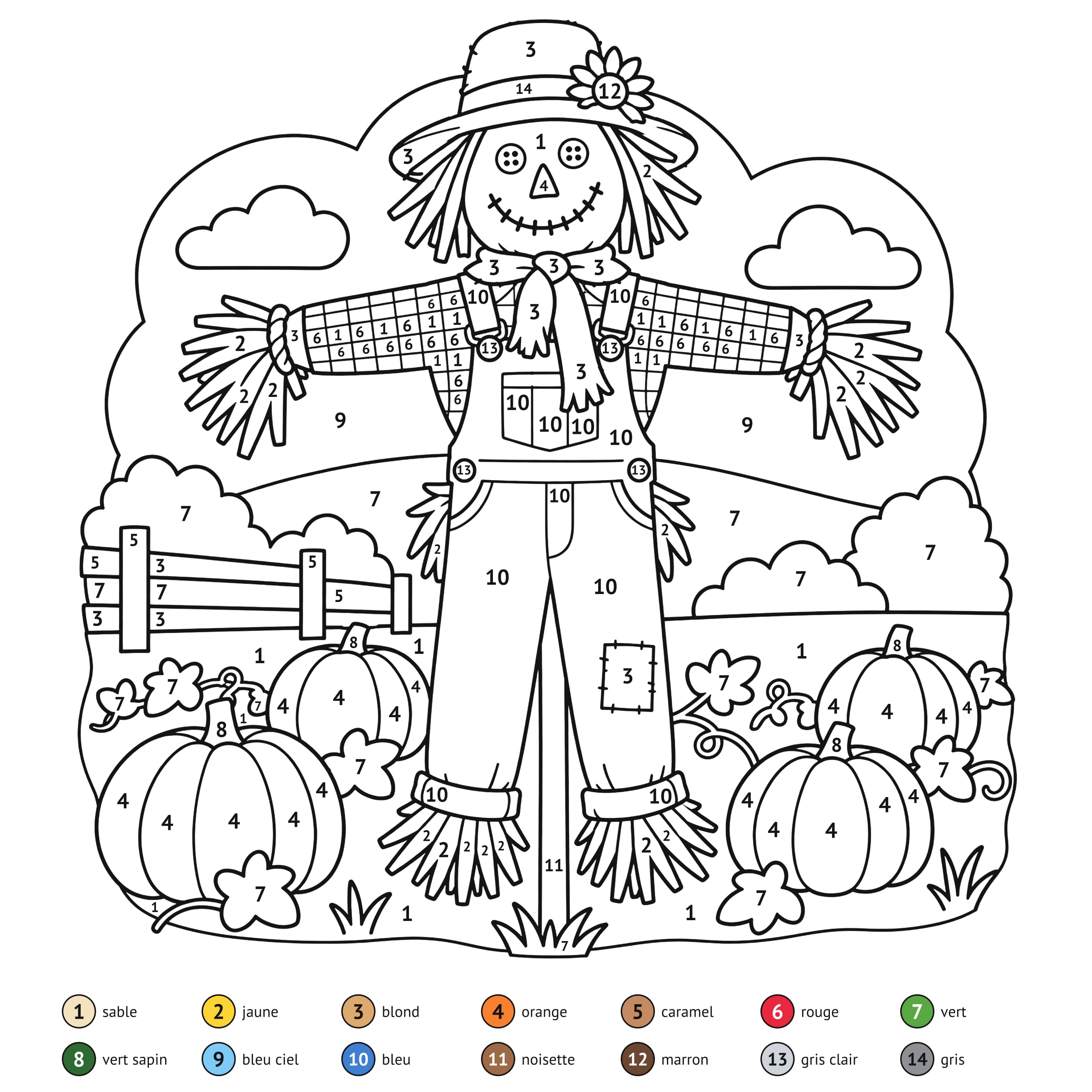 Au numéro: Épouvantail d’Halloween : coloriage au numéro à imprimer