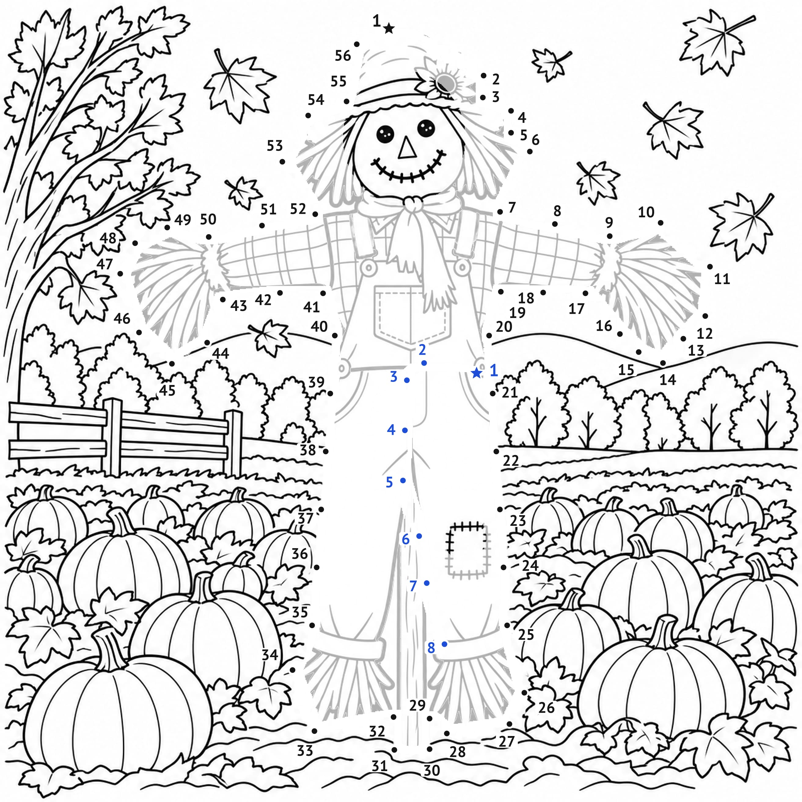 Points à relier: Épouvantail d’Halloween : points à relier à imprimer
