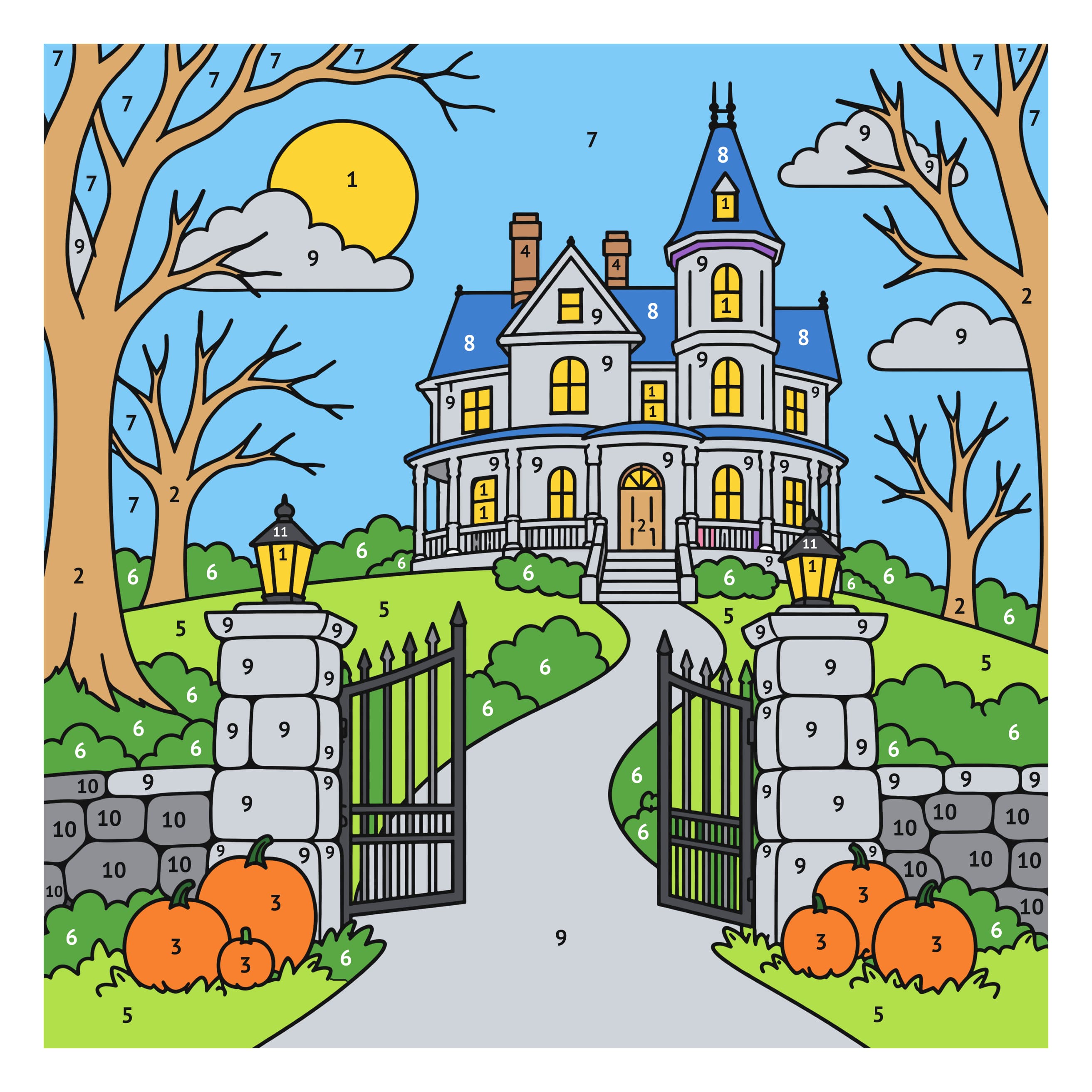 Modèle colorié: Maison hantée : coloriage au numéro à imprimer