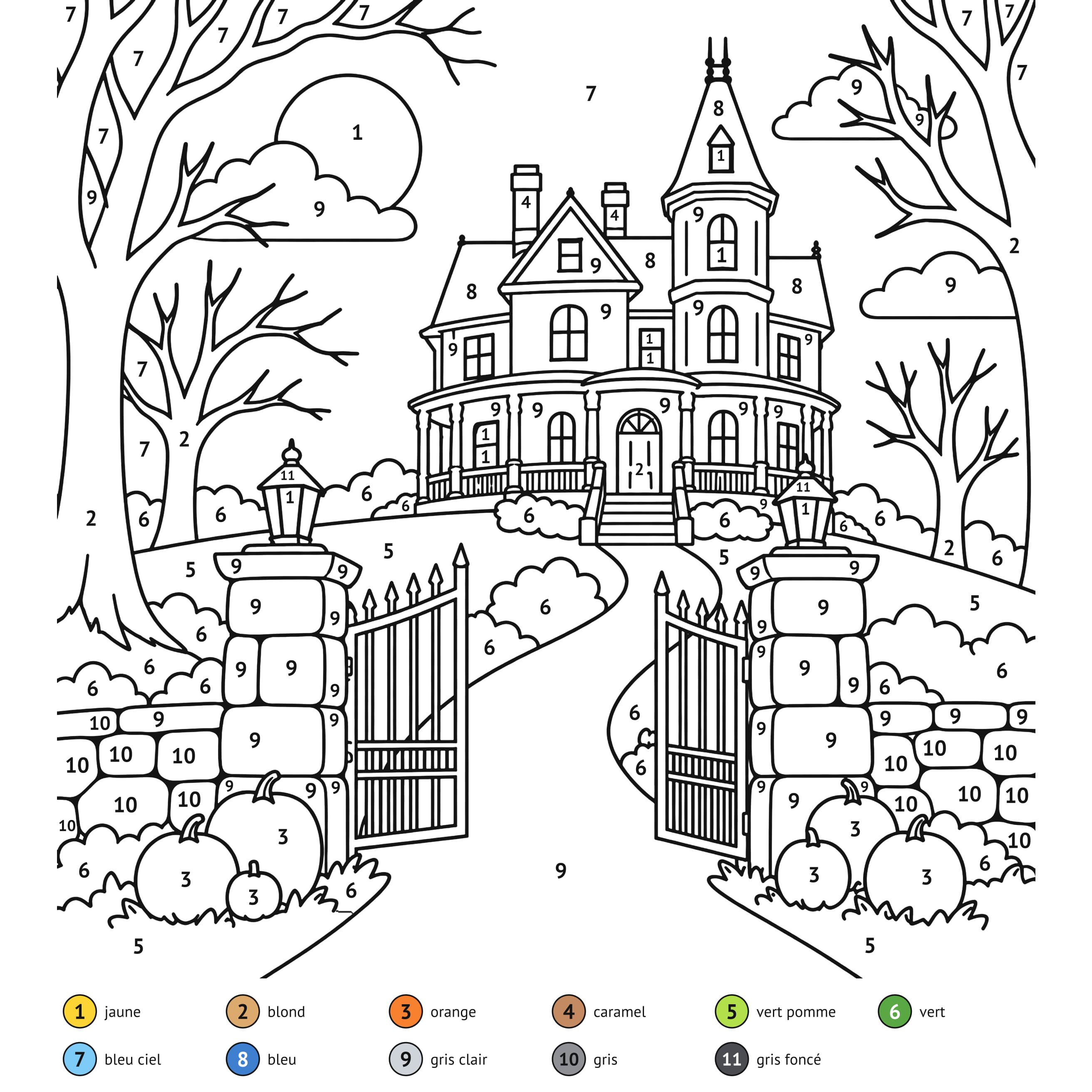 Au numéro: Maison hantée : coloriage au numéro à imprimer