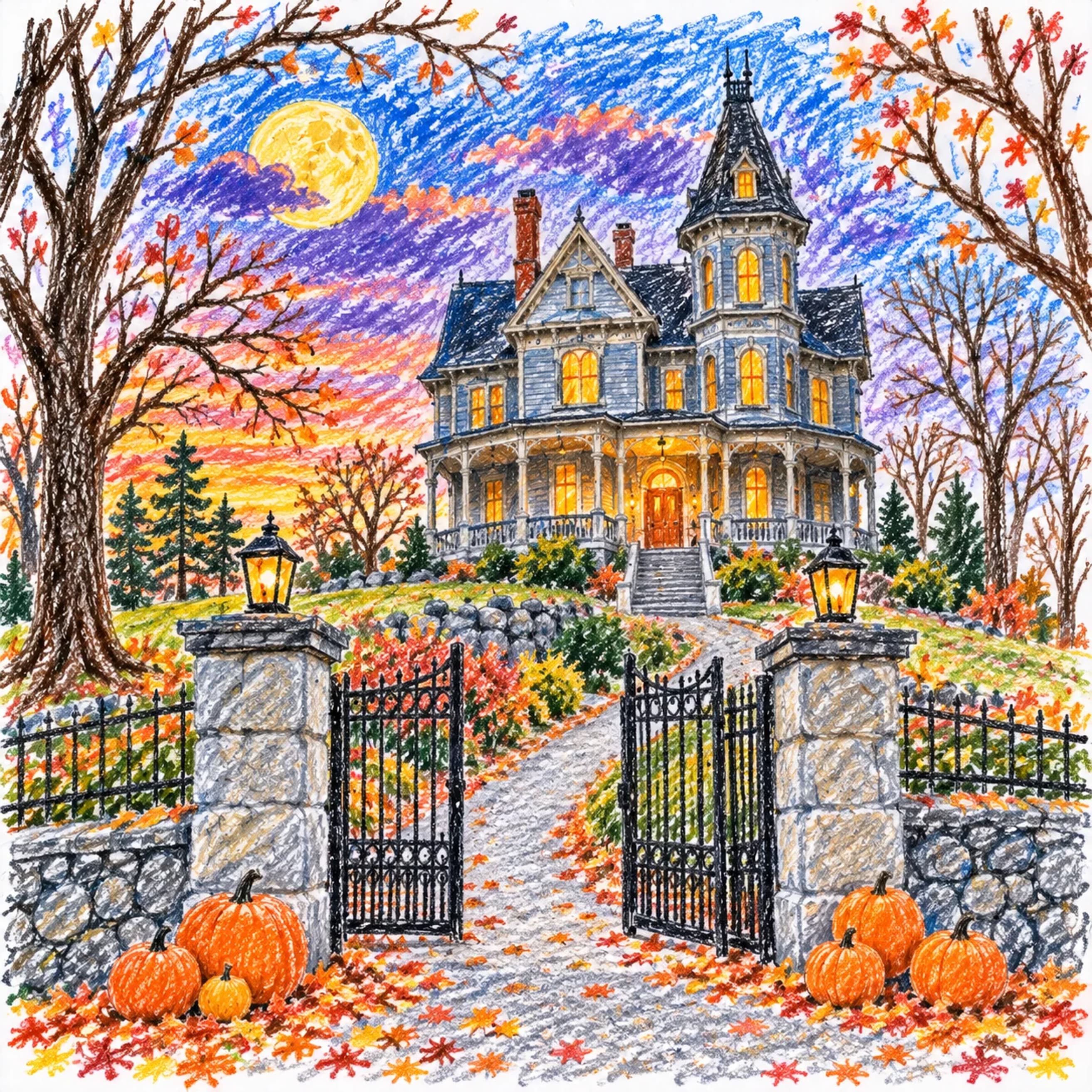 Modèle colorié: Maison hantée : points à relier à imprimer