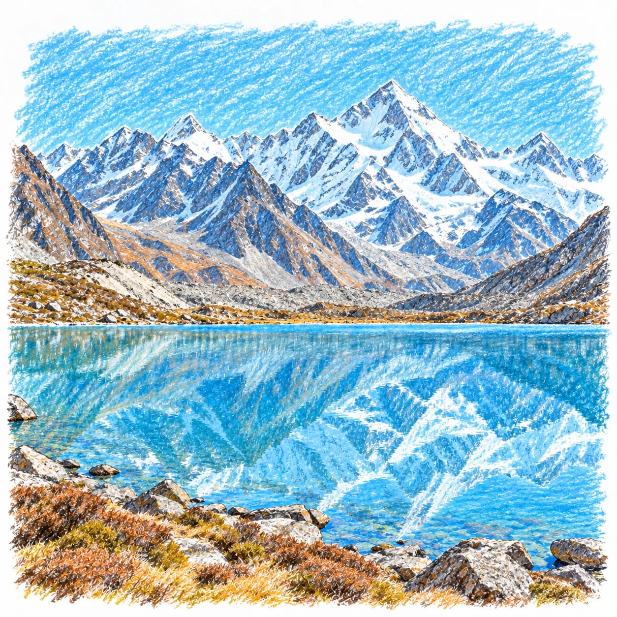 Modèle colorié: Coloriage de la chaîne de l'Himalaya : lac glaciaire