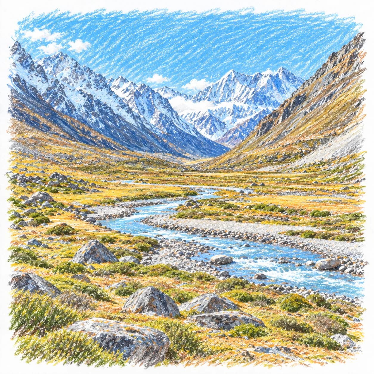 Modèle colorié: Coloriage de la chaîne de l'Himalaya : haute vallée
