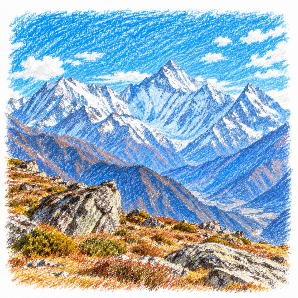 Modèle colorié: Coloriage de la chaîne de l'Himalaya : sommets dentelés