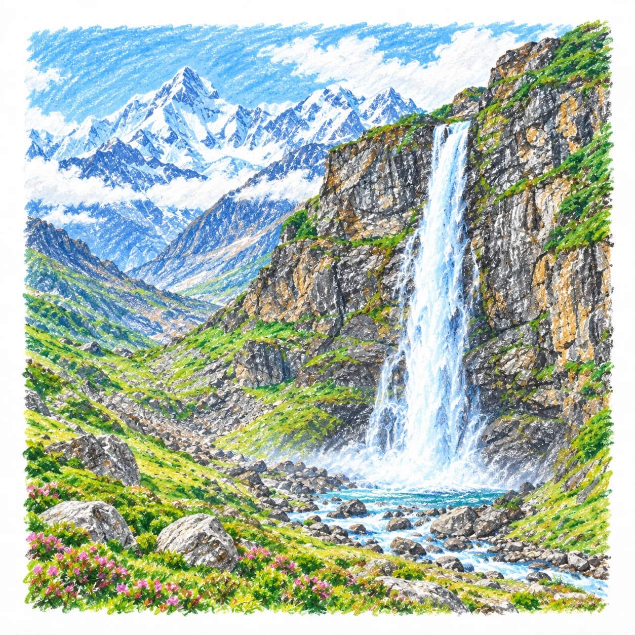 Colored model: Himalayan range mountain waterfall coloring page