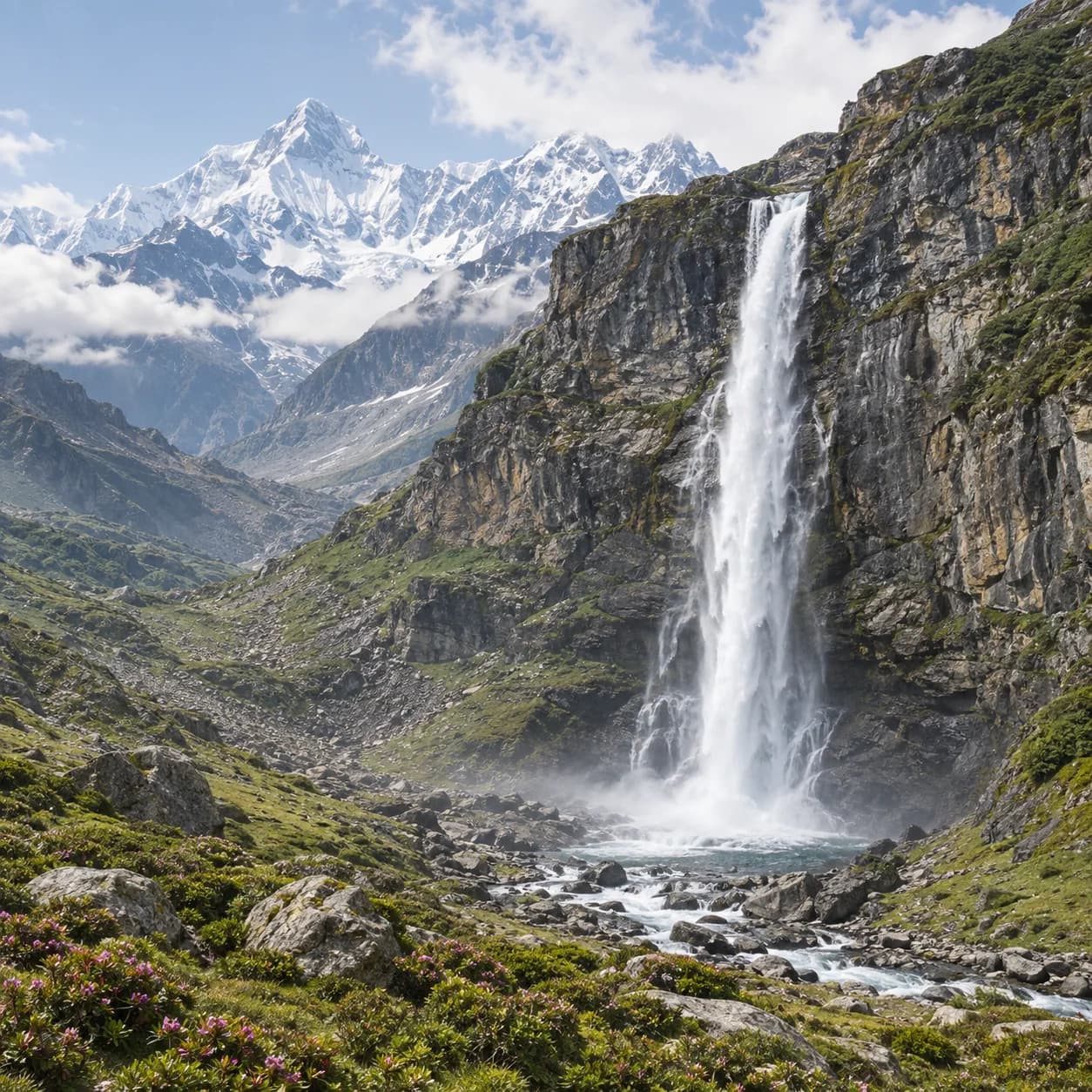 Realistic source: Himalayan range mountain waterfall coloring page