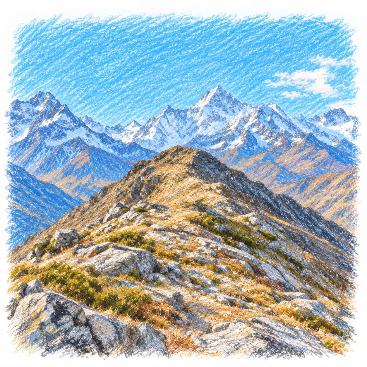 Modèle colorié: Coloriage de la chaîne de l'Himalaya : crête rocheuse