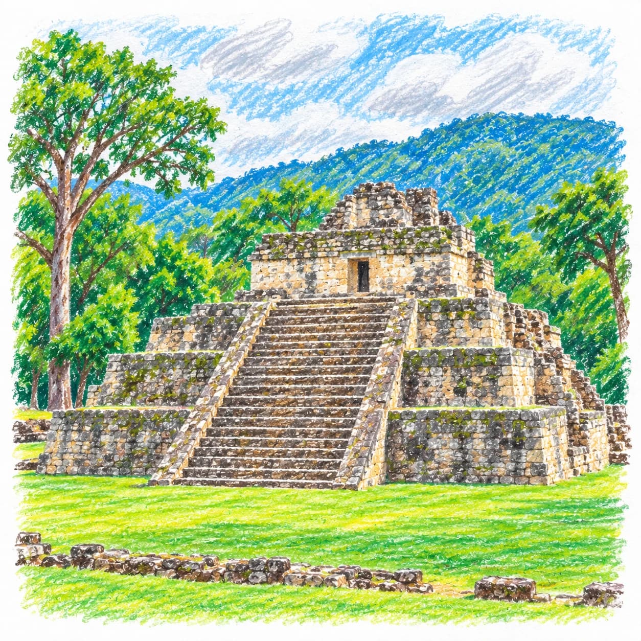 Colored model: Honduras coloring page: Maya pyramid in the forest