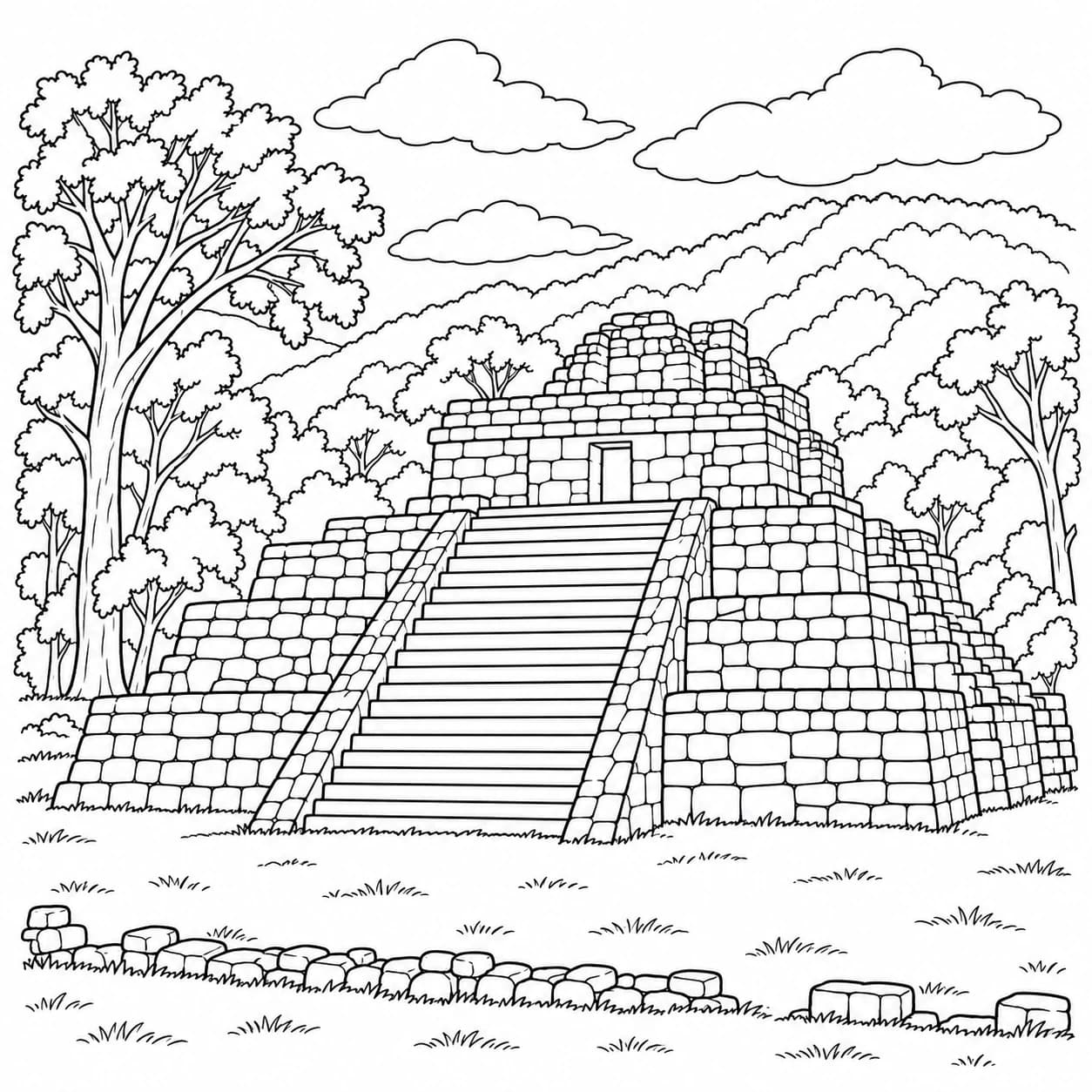 Coloring: Honduras coloring page: Maya pyramid in the forest