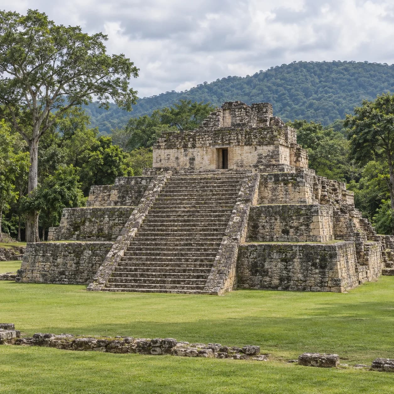 Realistic source: Honduras coloring page: Maya pyramid in the forest