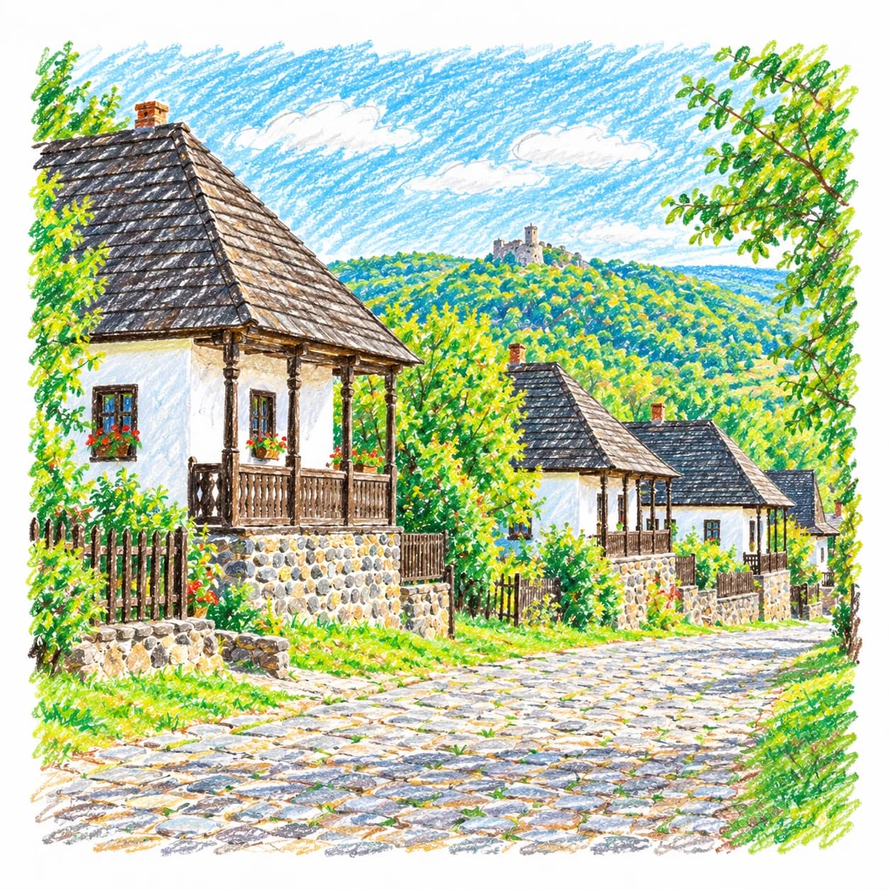 Modèle colorié: Coloriage de la Hongrie : village et château perché