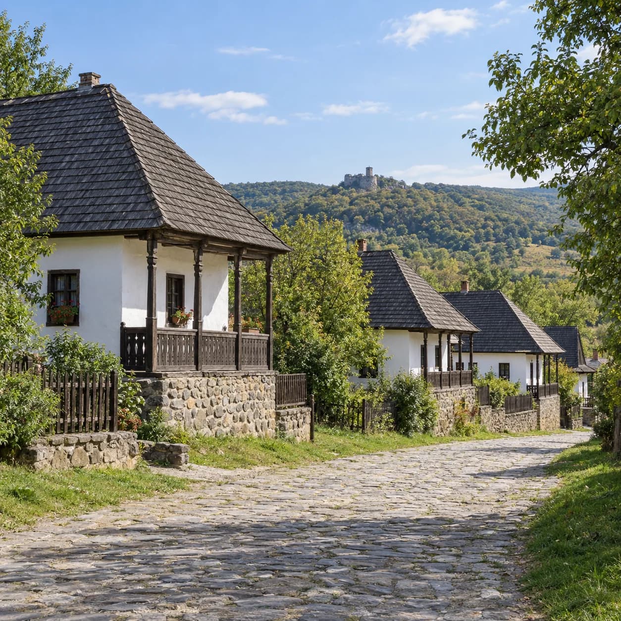 Realistic source: Hungary coloring page: village and hilltop castle