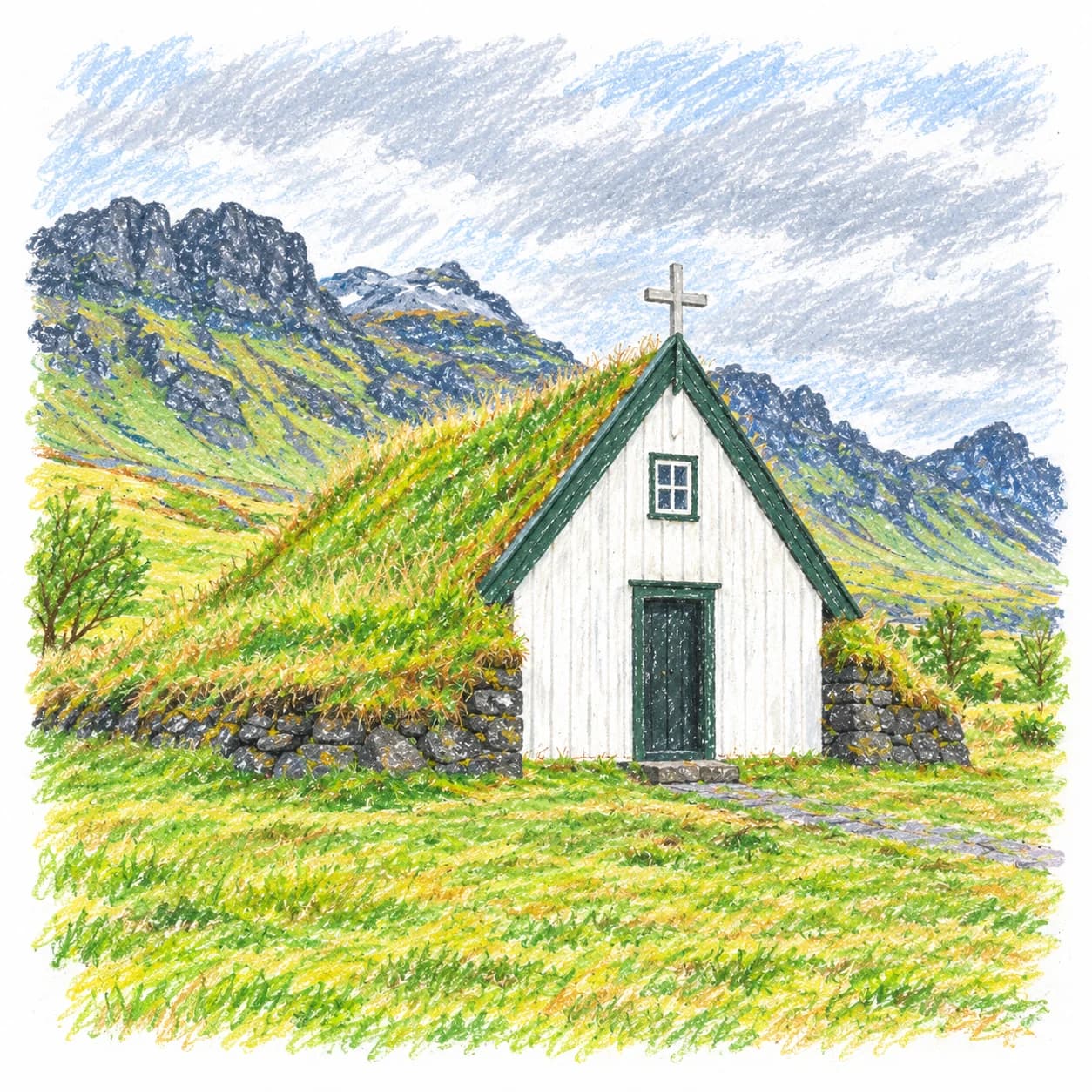 Colored model: Iceland coloring page: turf-roofed church