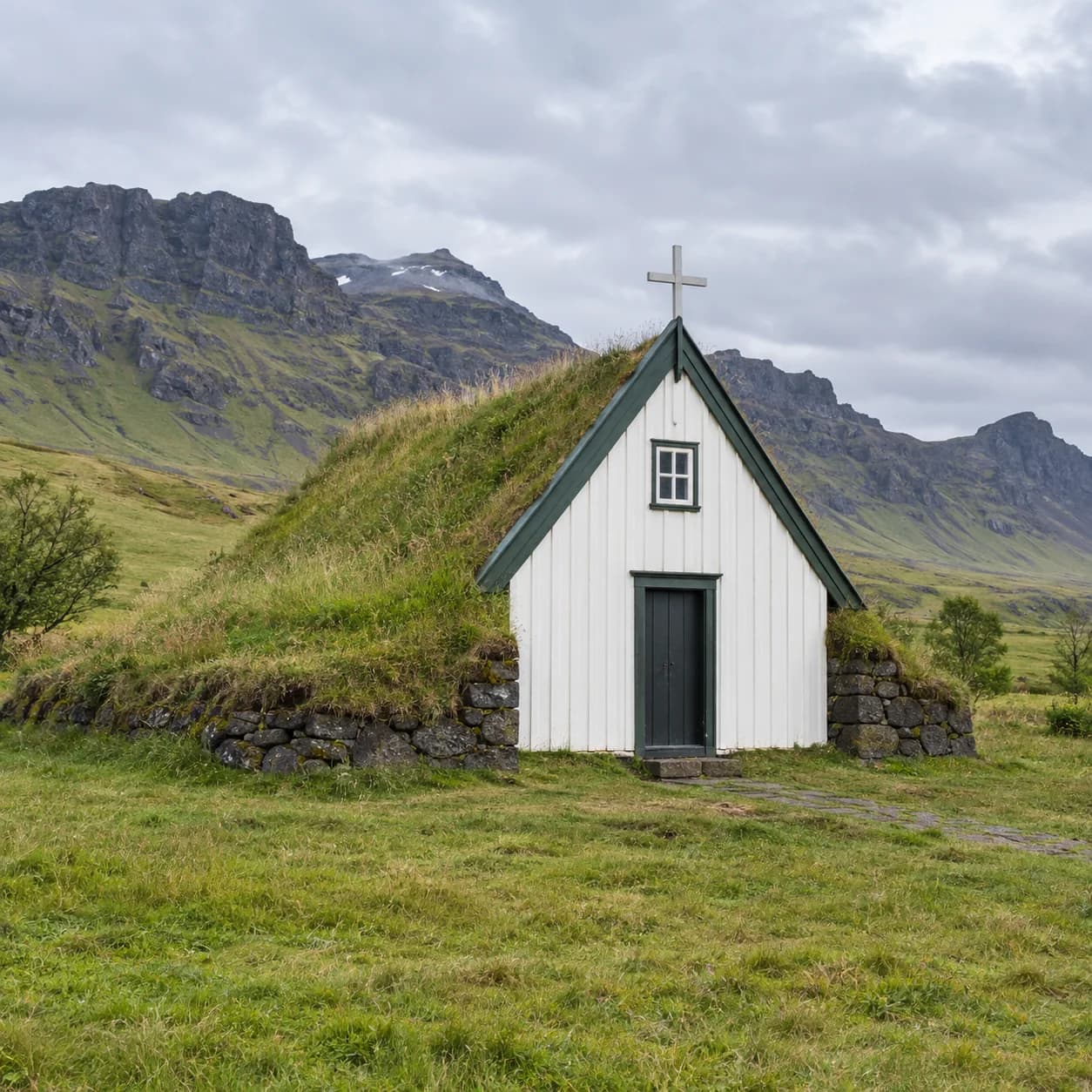 Photo réaliste: Coloriage de l'Islande : église au toit de gazon