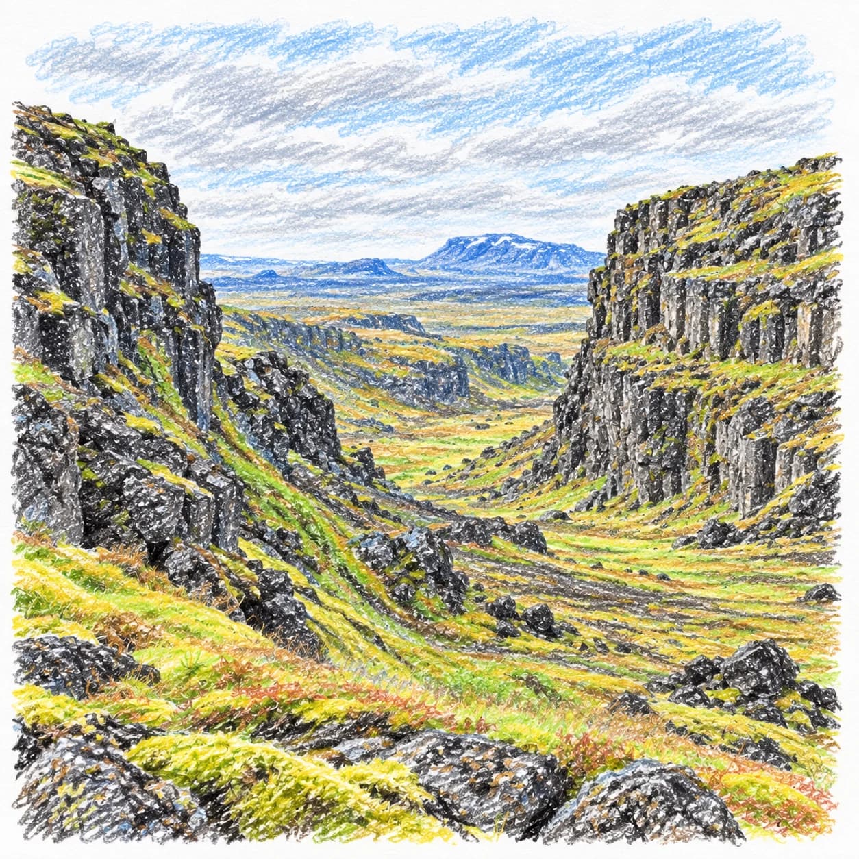 Colored model: Icelandic lava field layered canyon coloring page