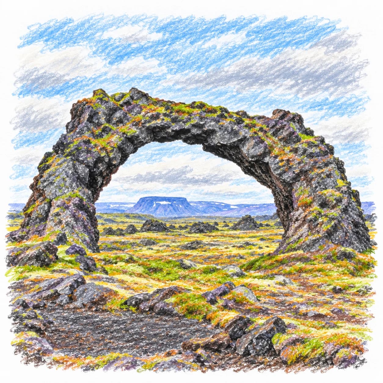 Modèle colorié: Coloriage d'un champ de lave islandais : arche naturelle