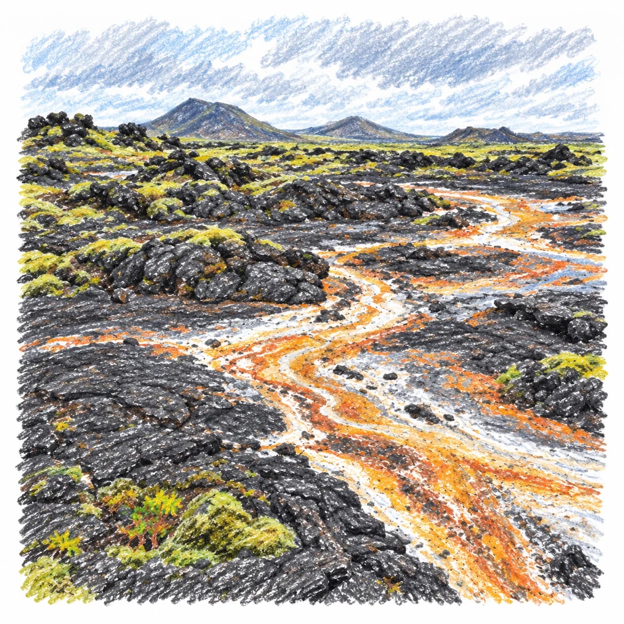 Modèle colorié: Coloriage d'un champ de lave islandais : sol aux motifs naturels