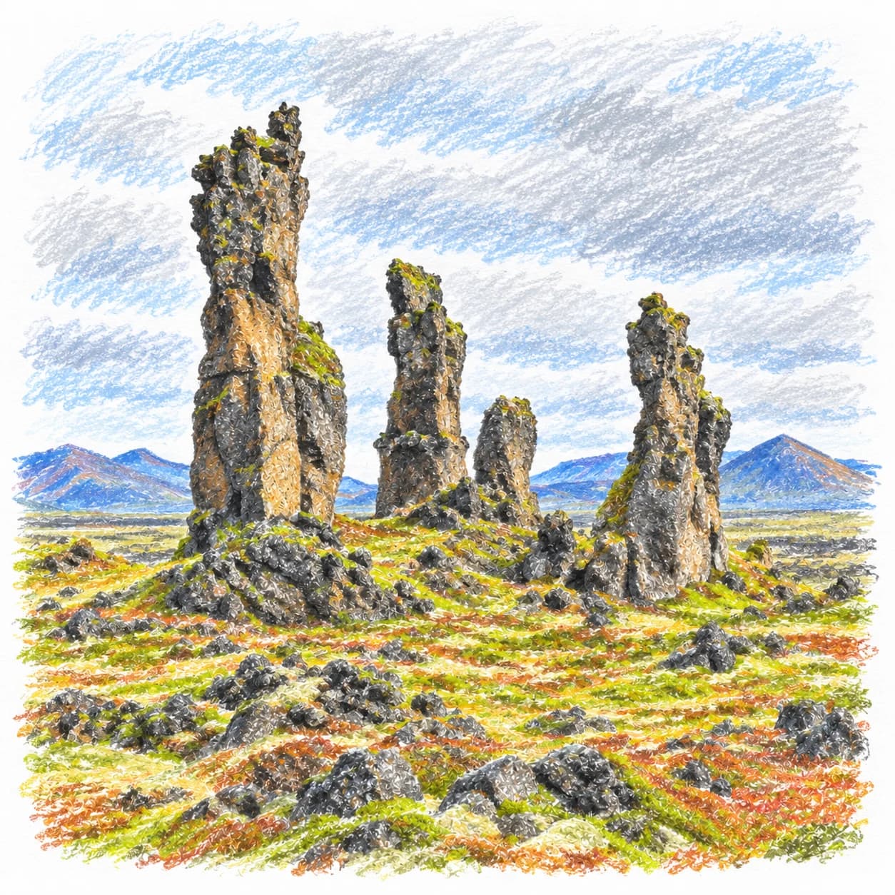 Colored model: Icelandic lava field stone pillars coloring page