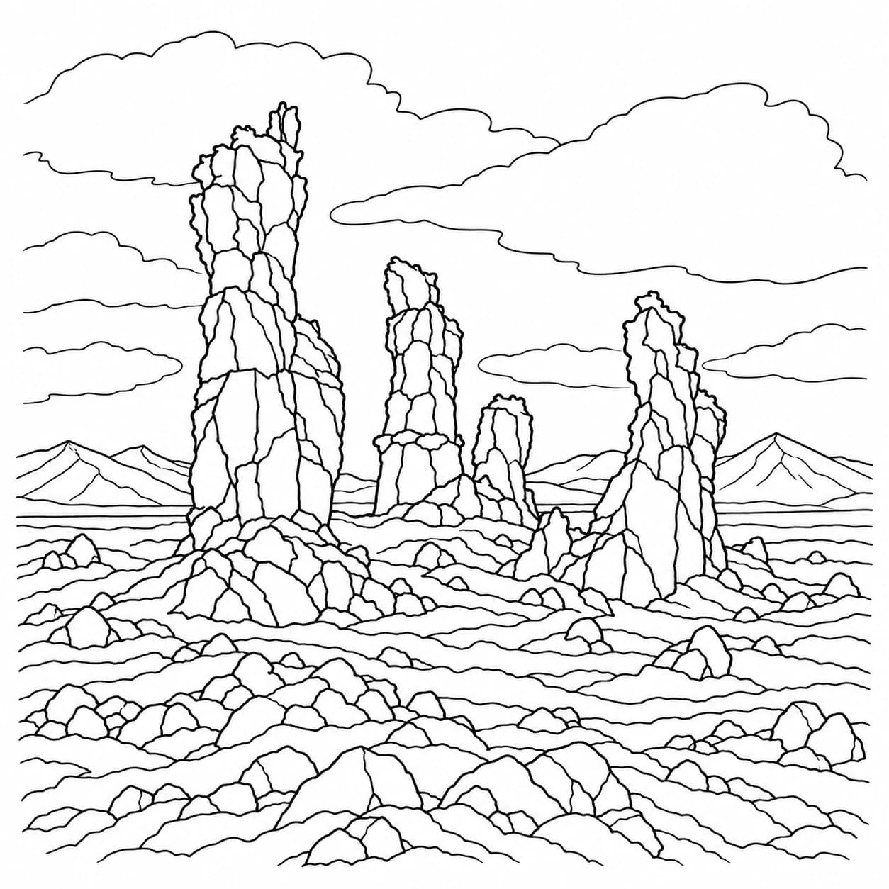 Coloring: Icelandic lava field stone pillars coloring page