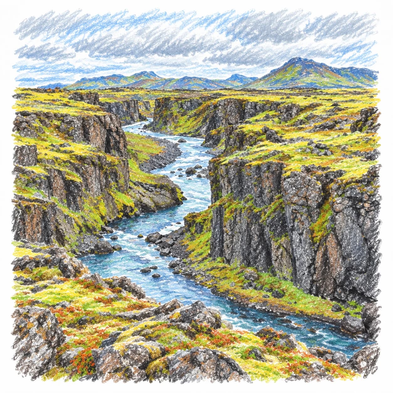Modèle colorié: Coloriage d'un champ de lave islandais : gorge sinueuse