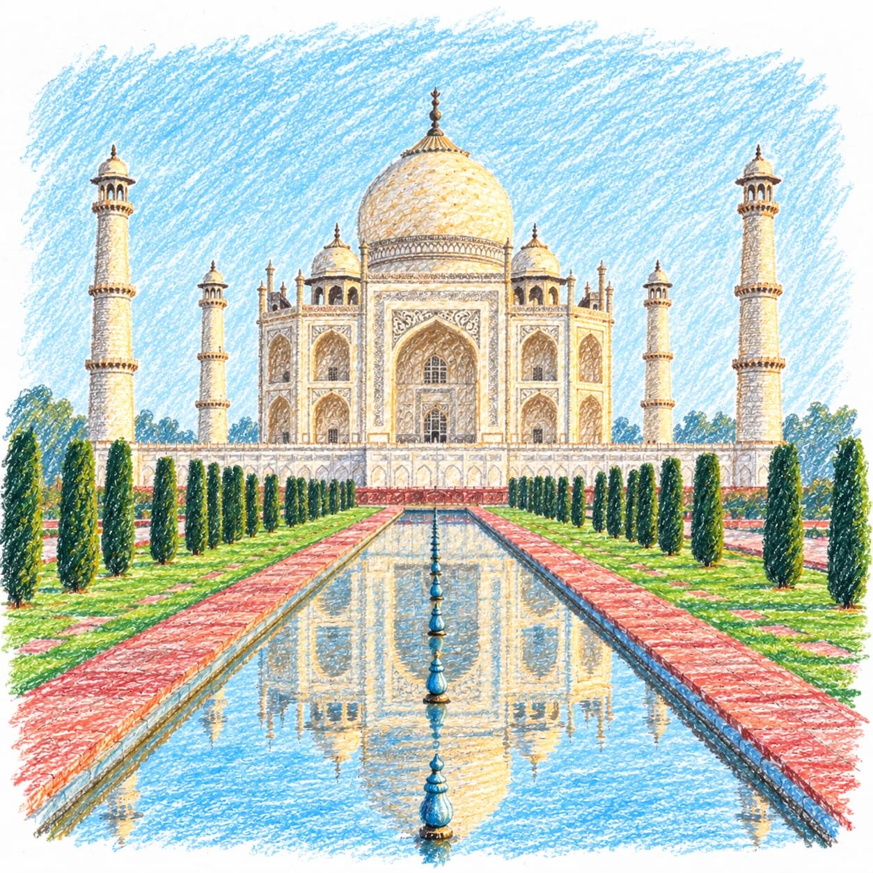 Modèle colorié: Coloriage de l'Inde : le Taj Mahal et son bassin