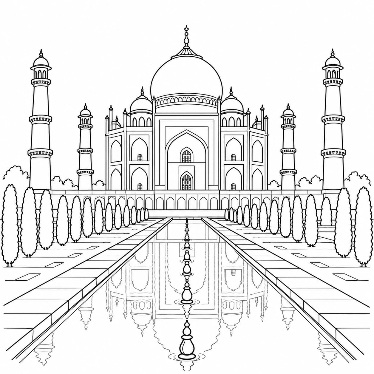 Coloriage: Coloriage de l'Inde : le Taj Mahal et son bassin